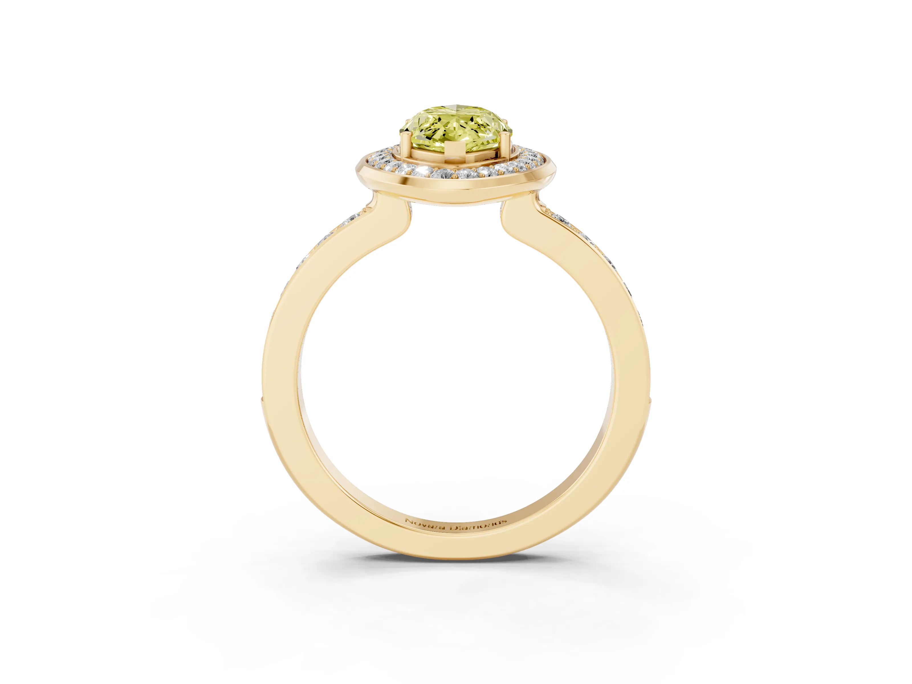 Fancy Yellow Marquise Cut Diamond Halo Ring Set in Yellow gold with Bezel Frame and Pavé Band