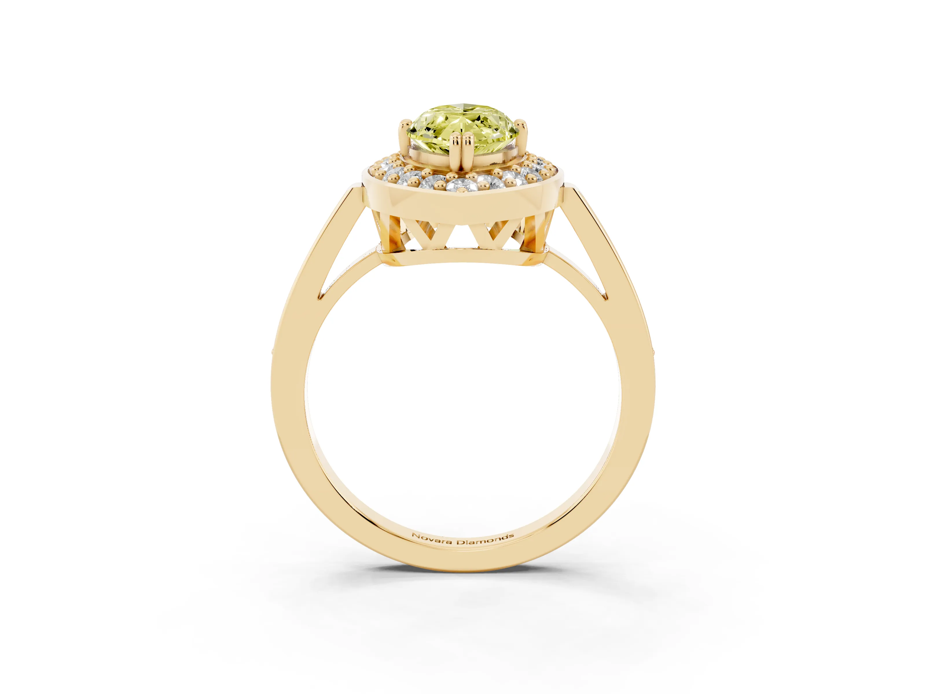 Fancy Yellow Marquise Cut Diamond Halo Ring Set in Yellow gold with Accent-Lined Split Shank and Prong Setting