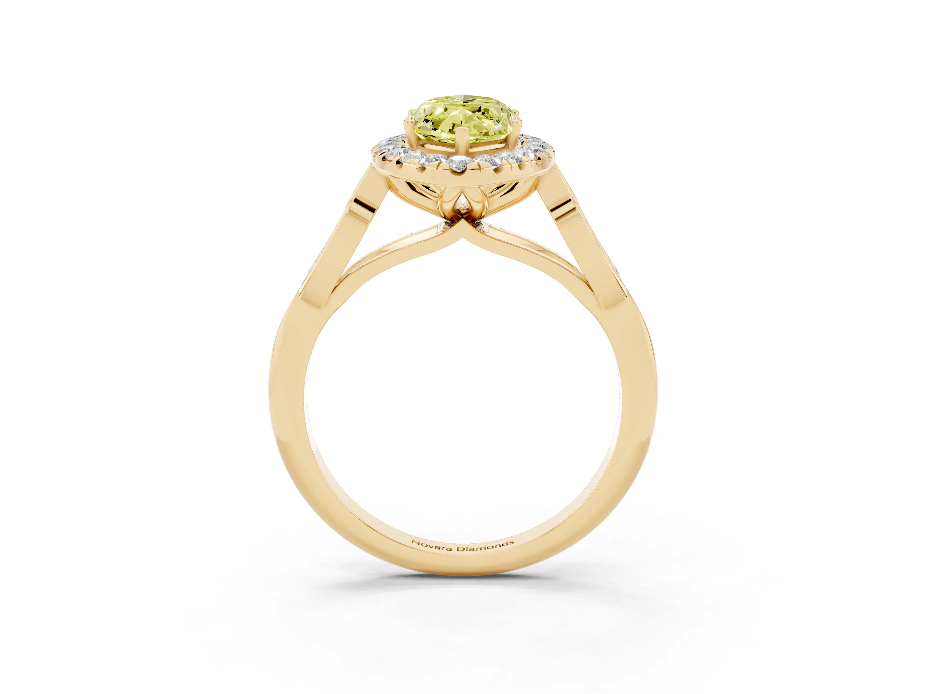 Fancy Yellow Marquise Cut Diamond Halo Engagement Ring Set in Yellow gold with Filigree Band and Prong-Set Center