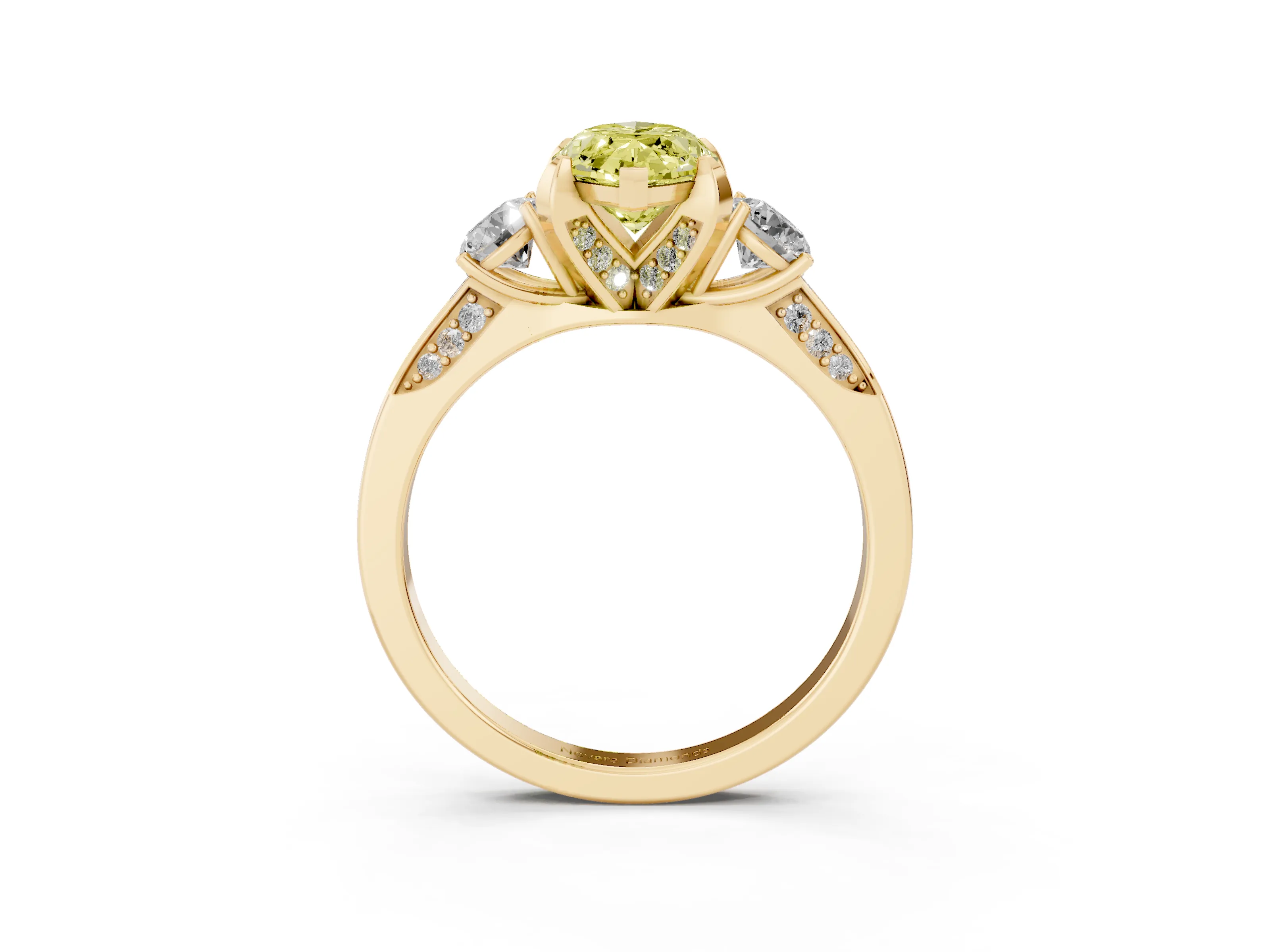 Fancy Yellow Marquise Cut Diamond Three-Stone Ring Set in Yellow gold with Pavé Band and Smaller Side Stones