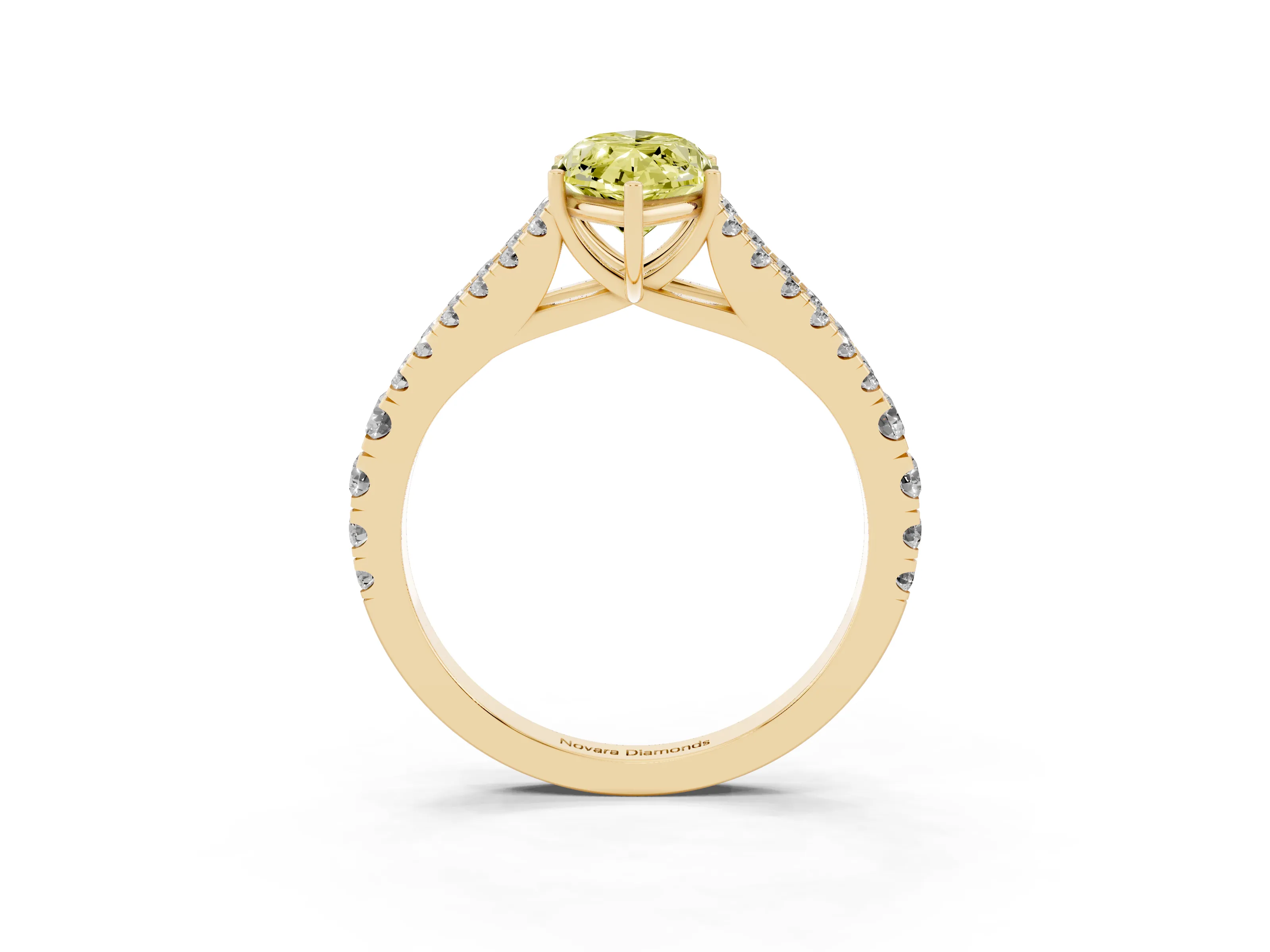 Fancy Yellow Marquise Cut Diamond Split Shank Pavé Engagement Ring Set in Yellow gold with Prong-Held Center Stone