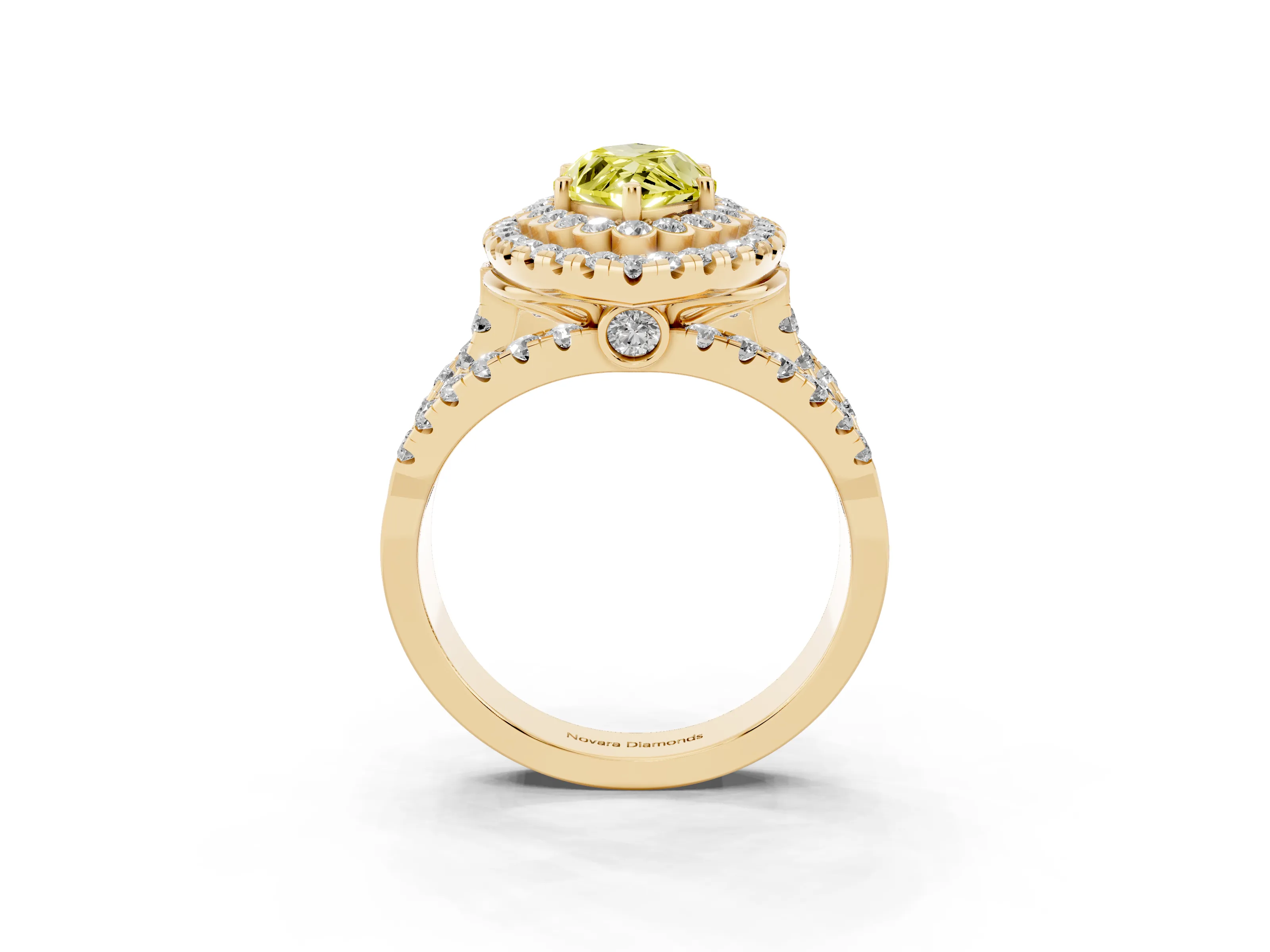 Fancy Yellow Marquise Cut Diamond Double Halo Ring Set in Yellow gold with Round Pavé Split Shank