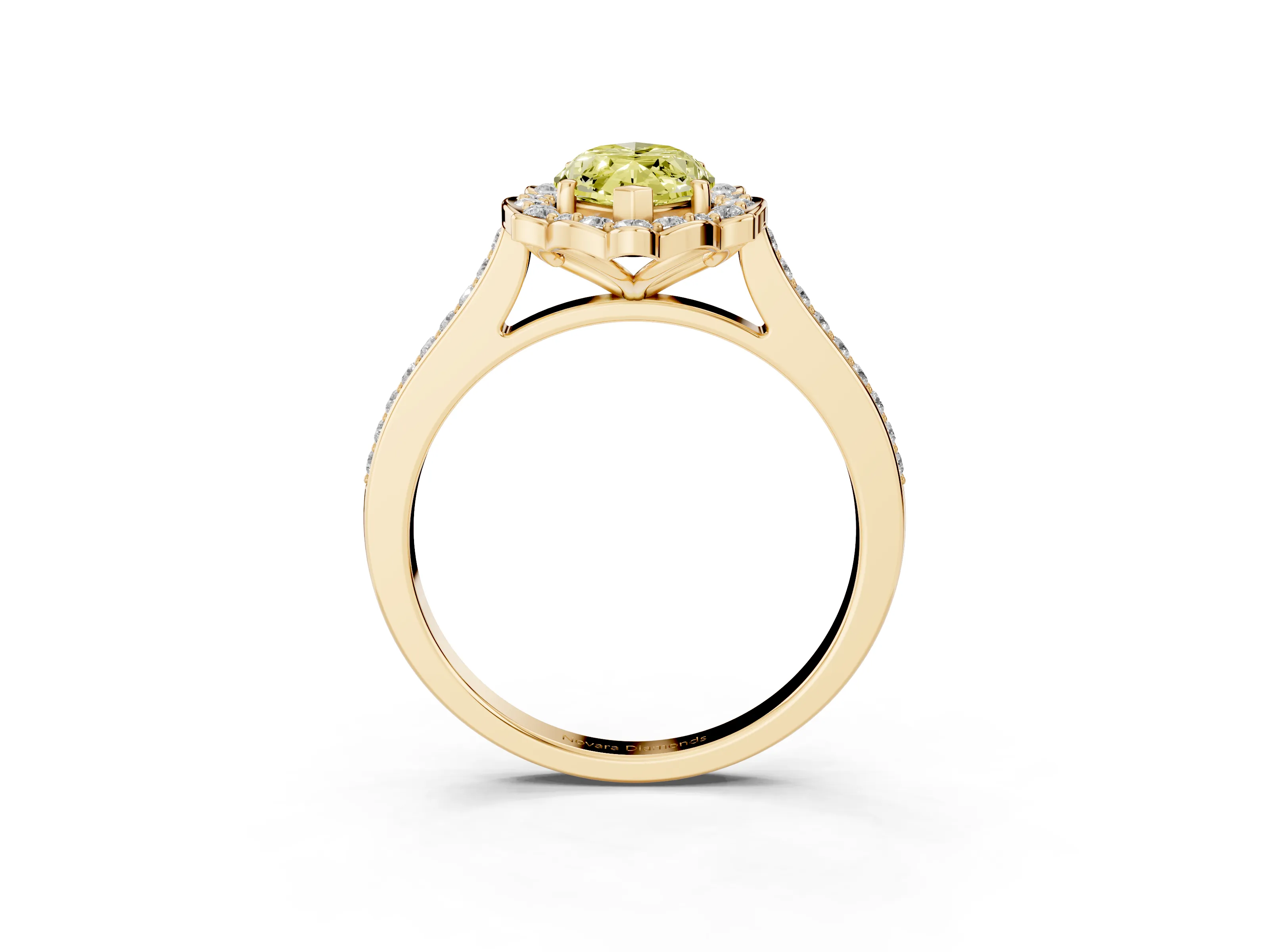 Fancy Yellow Marquise Cut Diamond Halo Ring Set in Yellow gold with Pavé-Lined Shoulders and Prong Setting