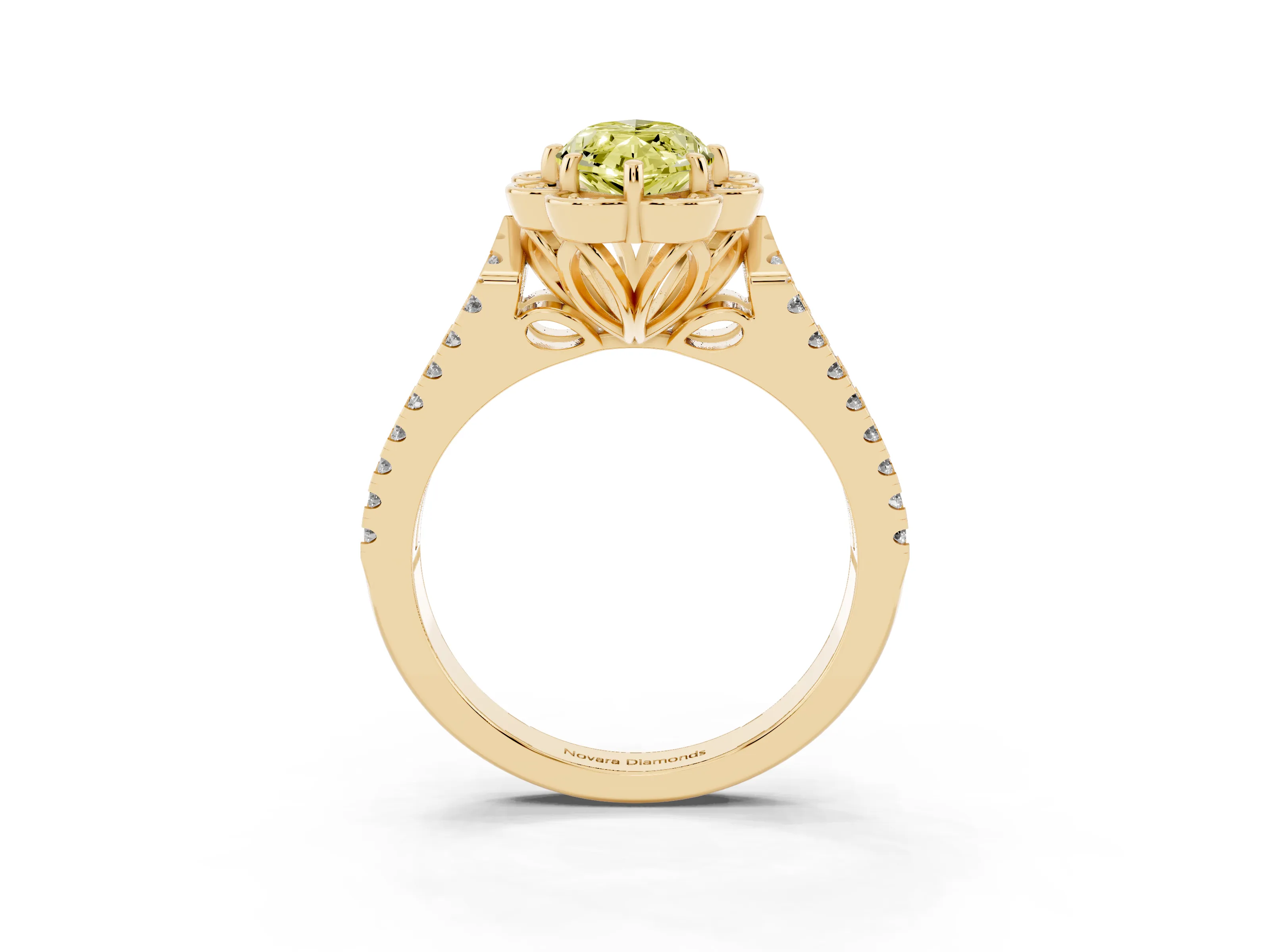 Fancy Yellow Marquise Cut Diamond Floral Halo Split Shank Engagement Ring Set in Yellow gold with Pavé Shank