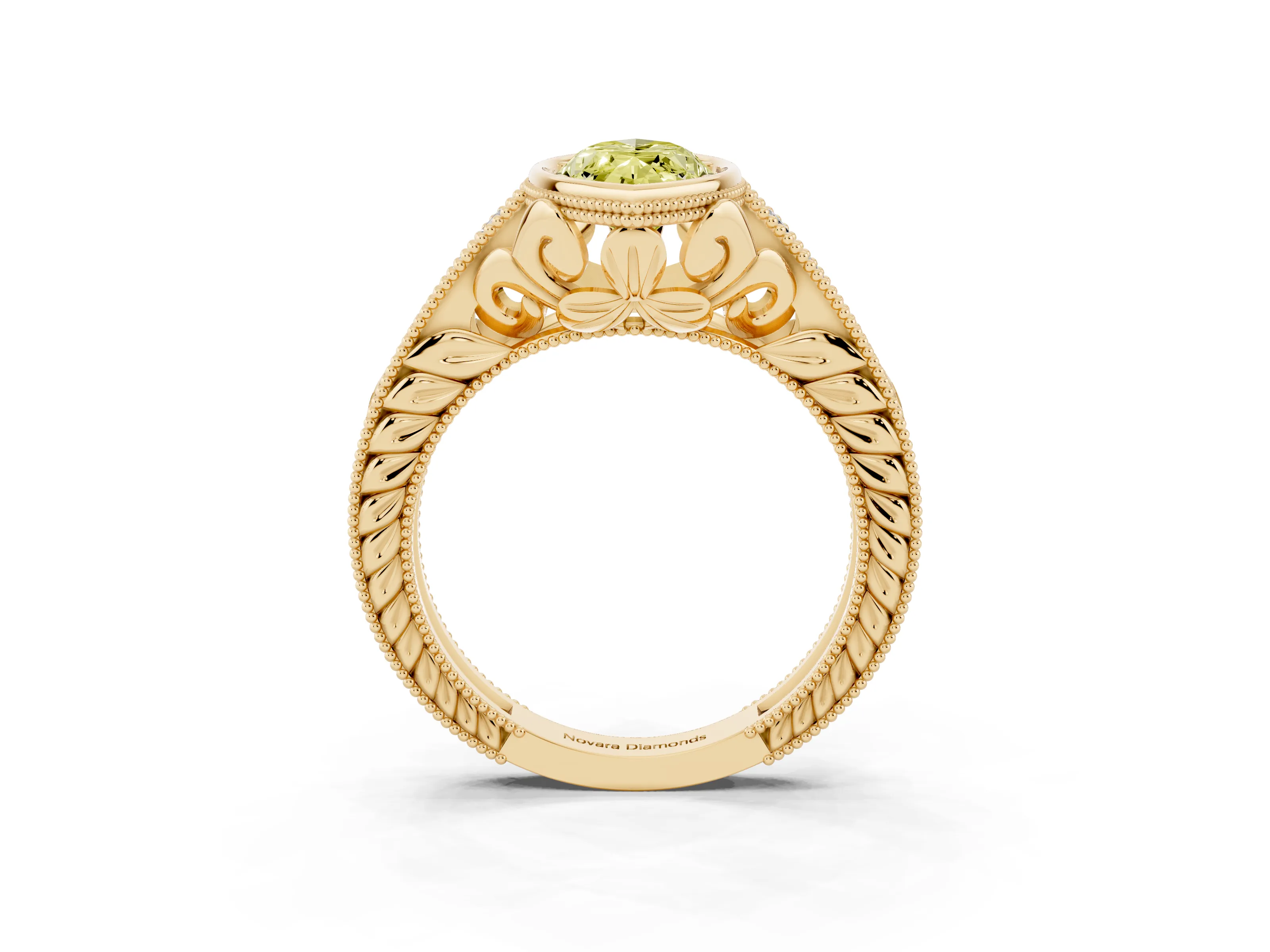 Fancy Yellow Bezel Set Marquise Cut Diamond Milgrain Pavé Engagement Ring Set in Yellow gold