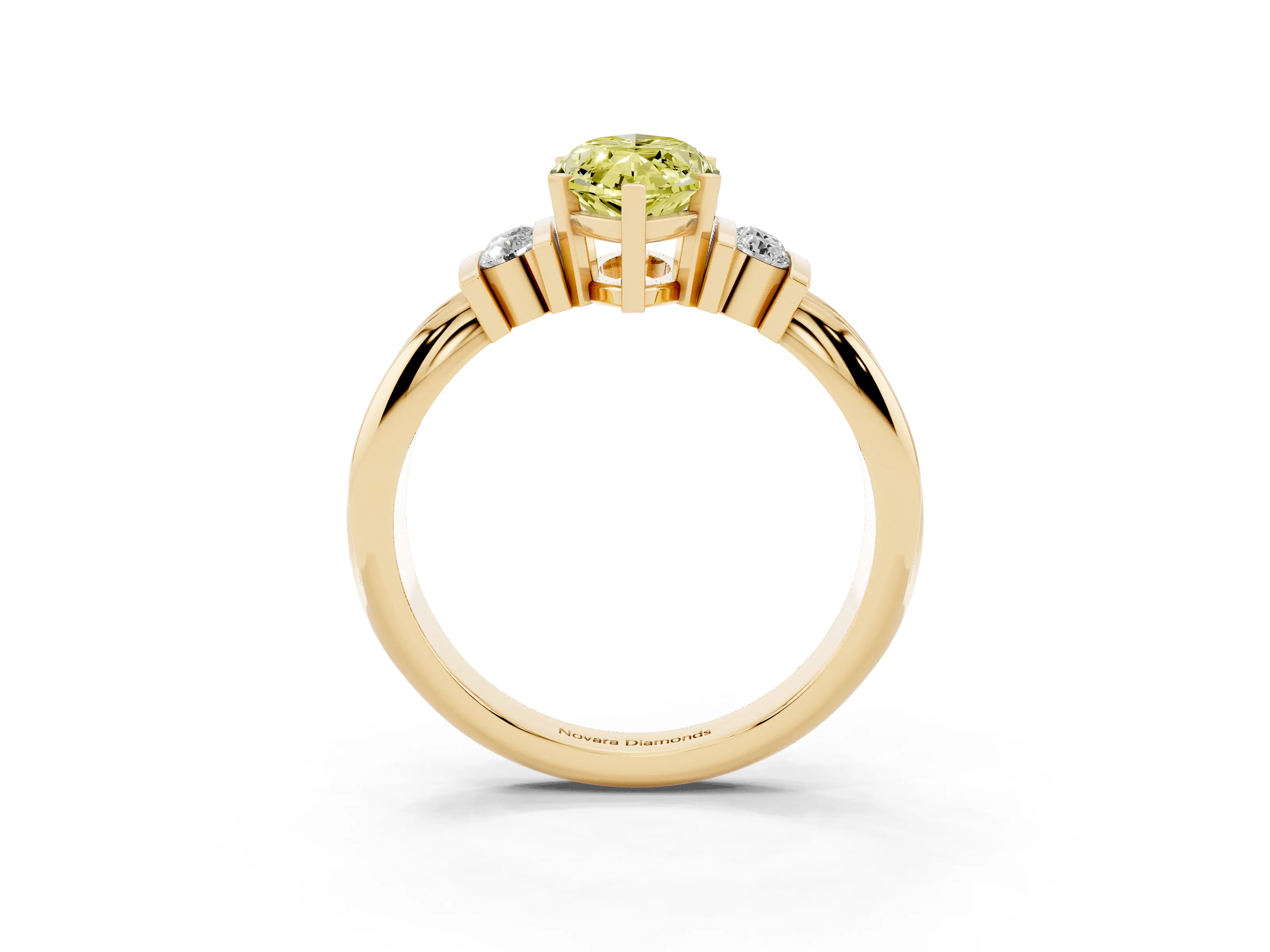 Fancy Yellow Three-Stone Marquise Cut Diamond Channel Set Ring Set in Yellow gold with Bar Prongs