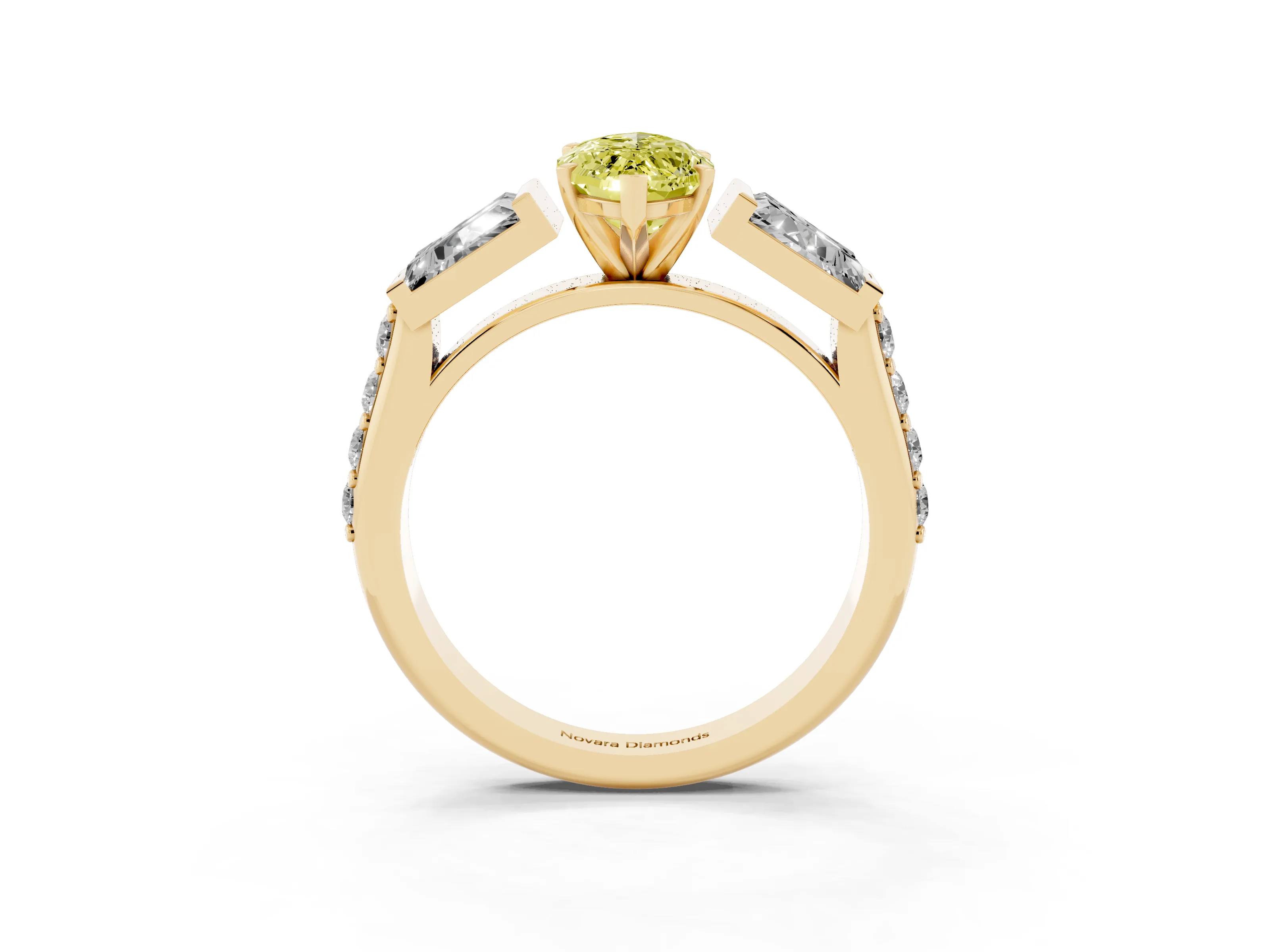 Fancy Yellow Marquise Cut Diamond Engagement Ring Set in Yellow gold with Baguette Side Stones and Channel Set Band