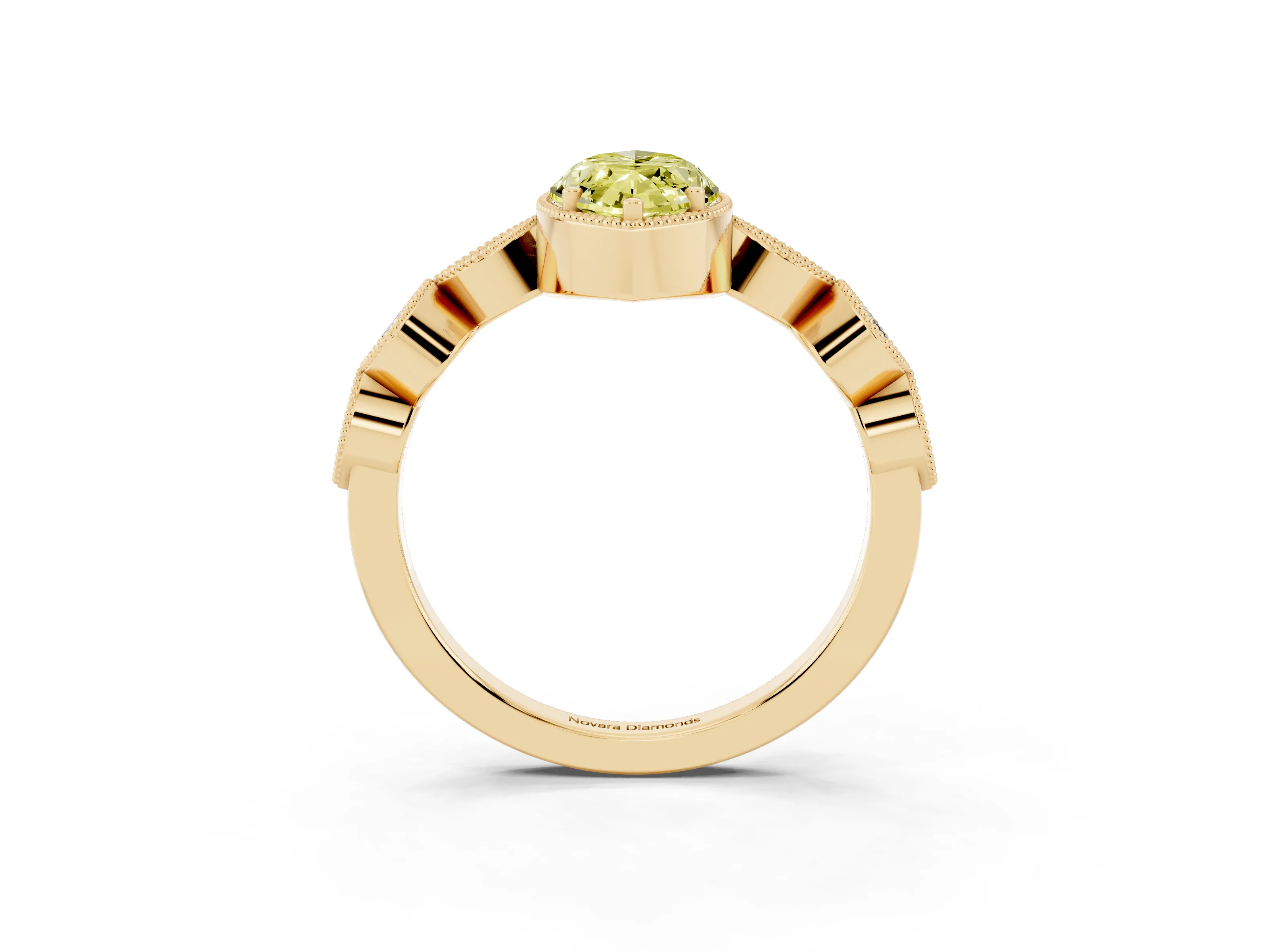 Fancy Yellow Marquise Cut Diamond Vintage-Inspired Milgrain Ring Set in Yellow gold with Marquise Stations of Round Accents