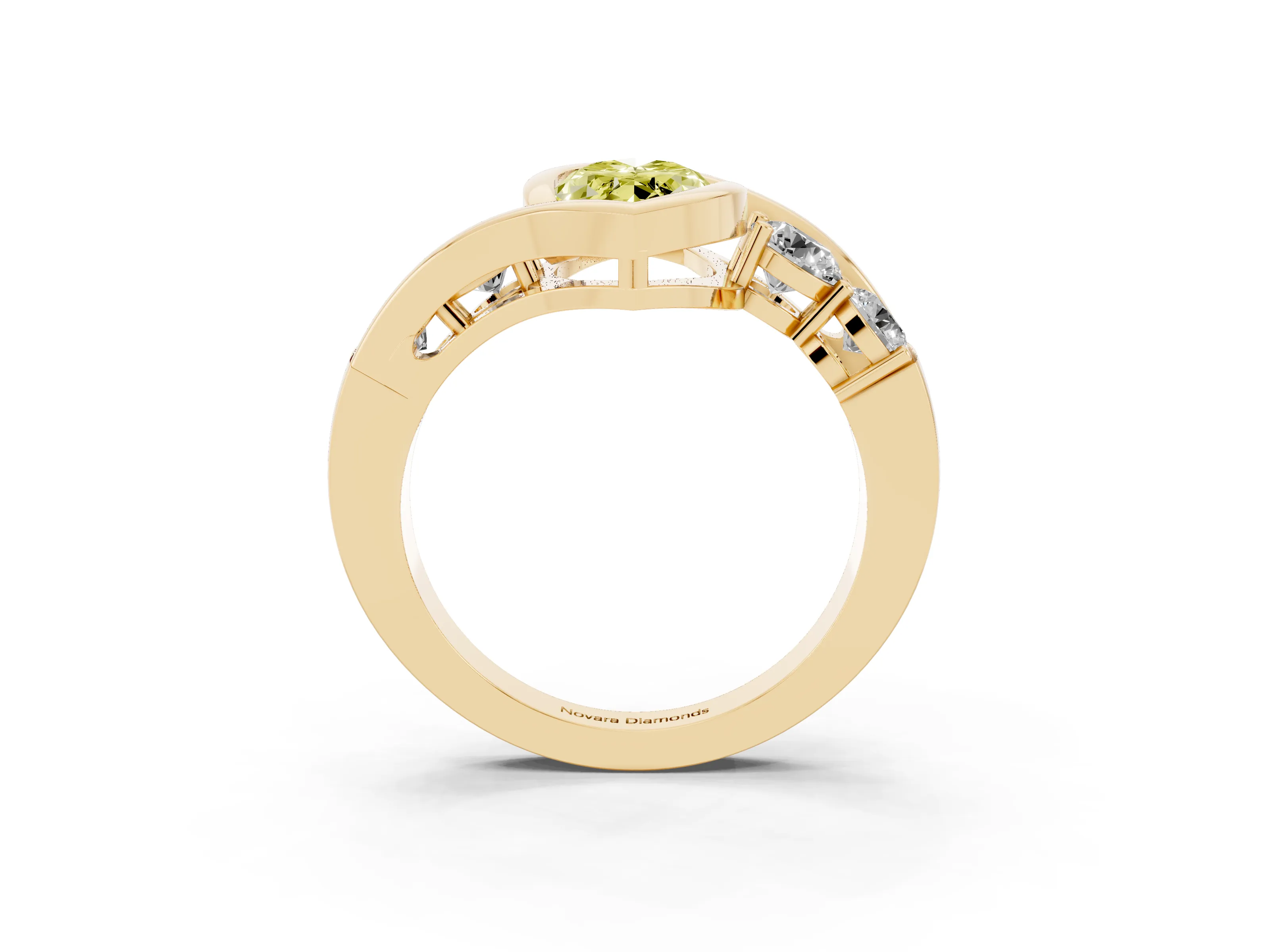 Fancy Yellow Marquise Cut Diamond Bezel Bypass Ring Set in Yellow gold with Round Accents