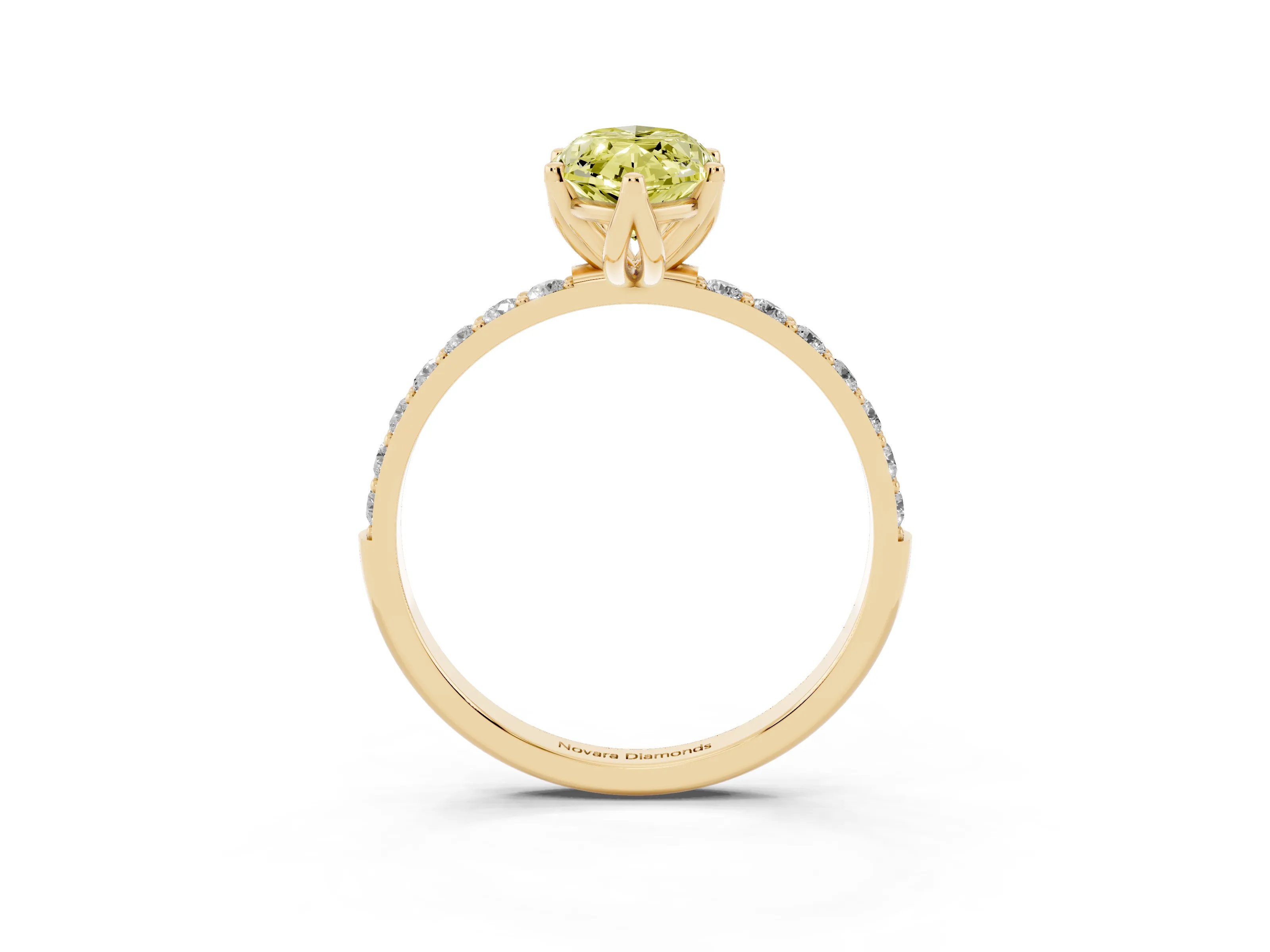 Fancy Yellow Marquise Cut Diamond Solitaire Engagement Ring Set in Yellow gold with Round Pavé Band and Prong Setting