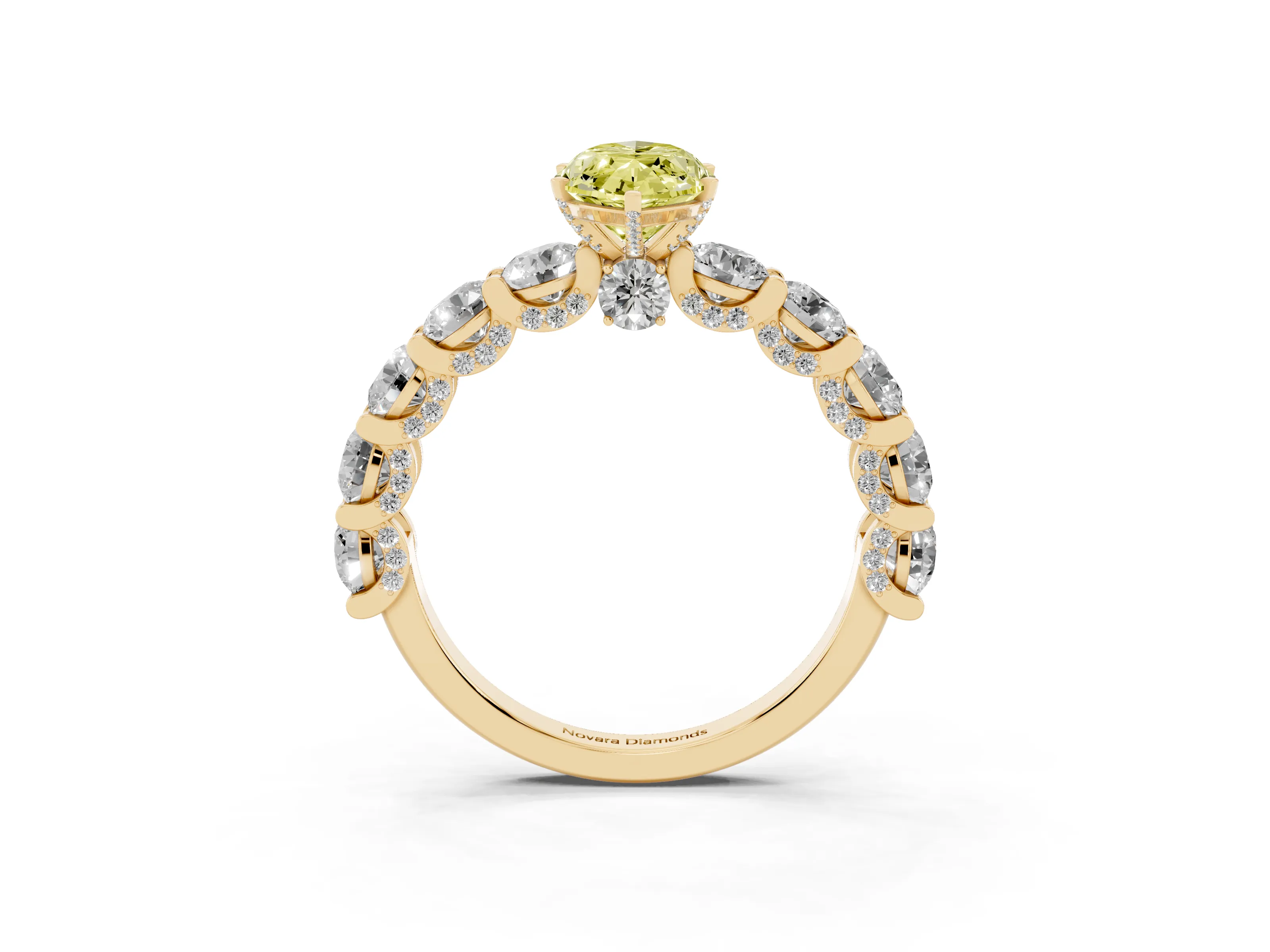 Fancy Yellow Marquise Cut Diamond Side Stone Ring Set in Yellow gold with Alternating Round and Oval Side Stones