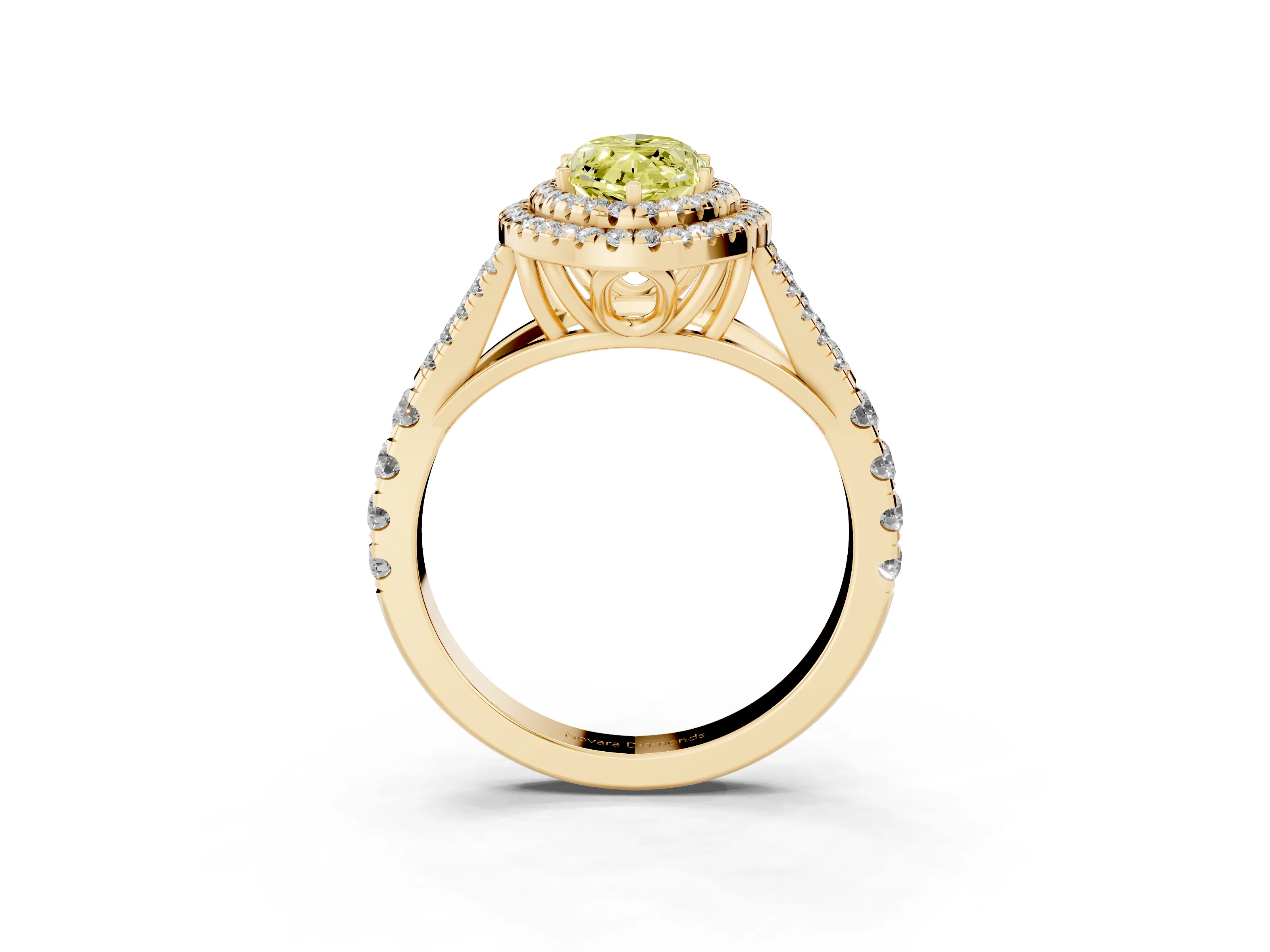 Fancy Yellow Marquise Cut Diamond Pavé Split Shank Double Halo Engagement Ring Set in Yellow gold