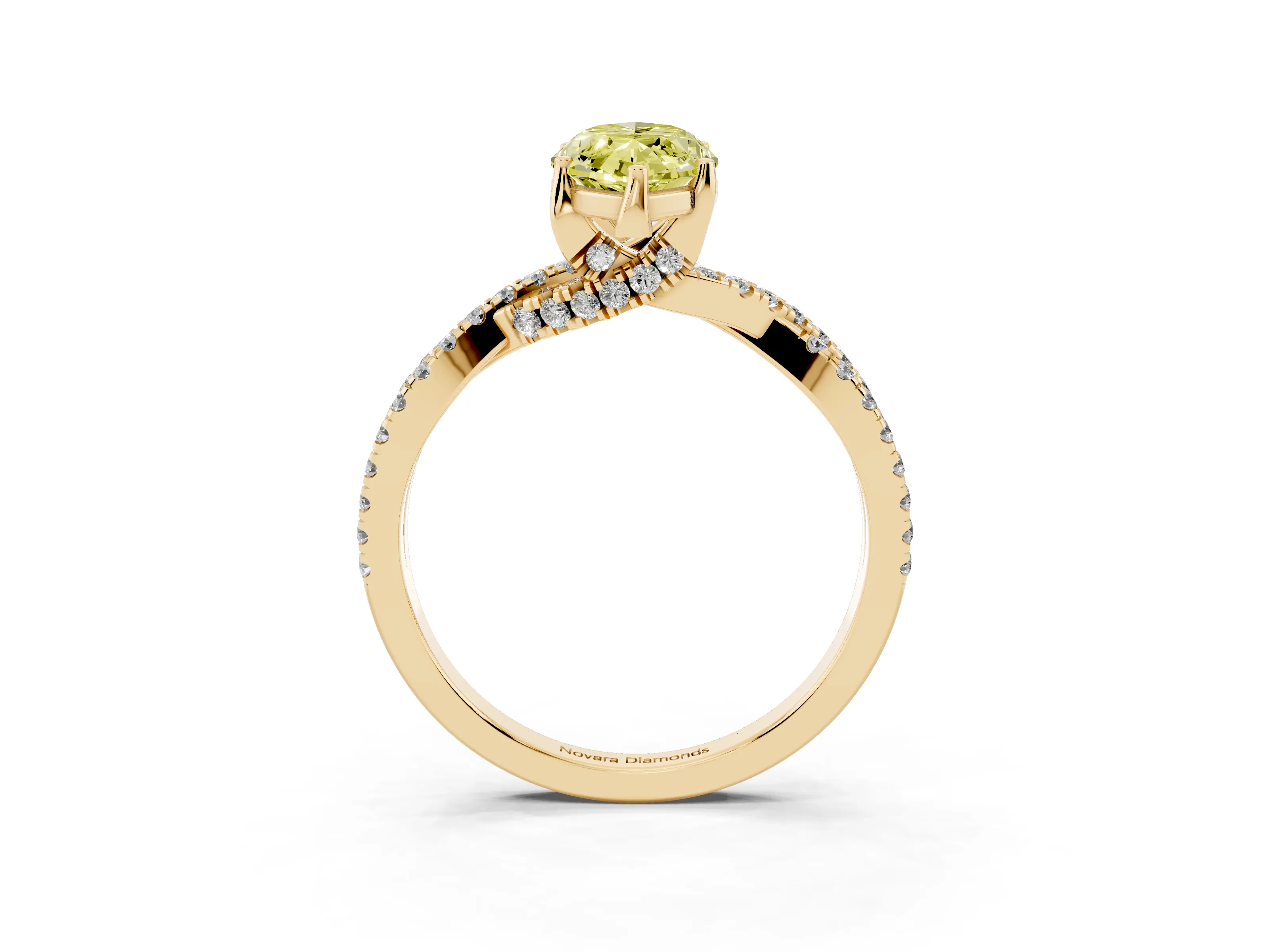Fancy Yellow Marquise Cut Diamond Twist Pavé Solitaire Engagement Ring Set in Yellow gold with Prong Setting
