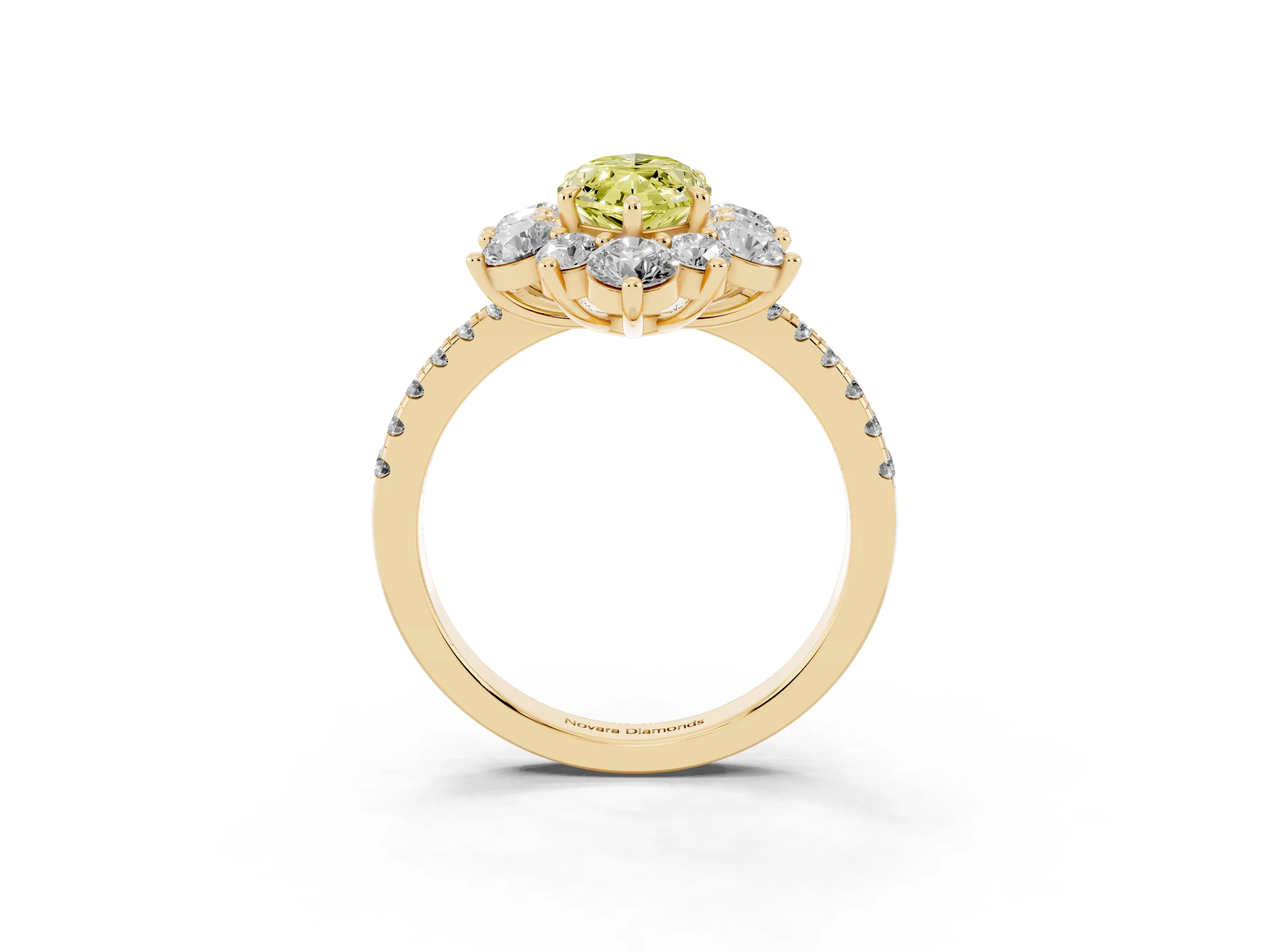 Fancy Yellow Marquise Cut Diamond Floral Halo Ring Set in Yellow gold with Round Pavé Band and Prong Setting