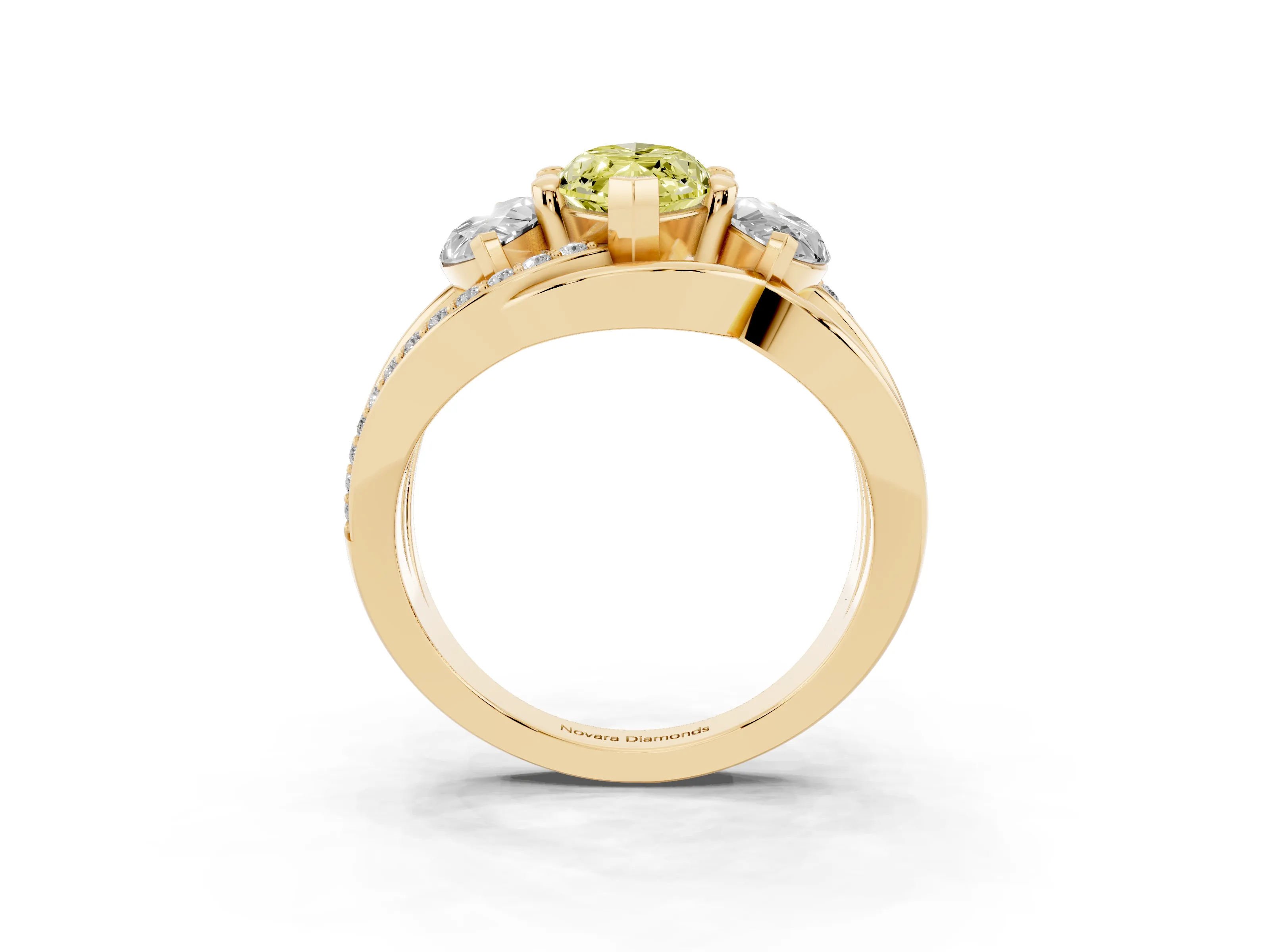 Fancy Yellow Marquise Cut Diamond Three-Stone Ring Set in Yellow gold with Split Shank and Prong Setting