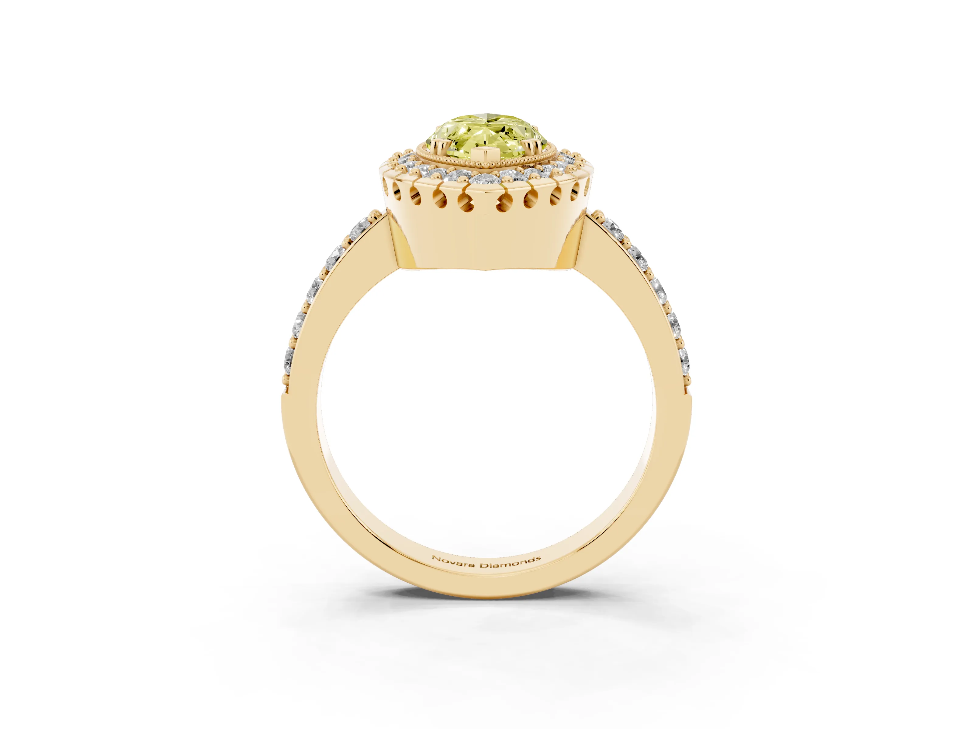 Fancy Yellow Marquise Cut Diamond Halo Ring Set in Yellow gold with Pavé Shank and Prong Setting