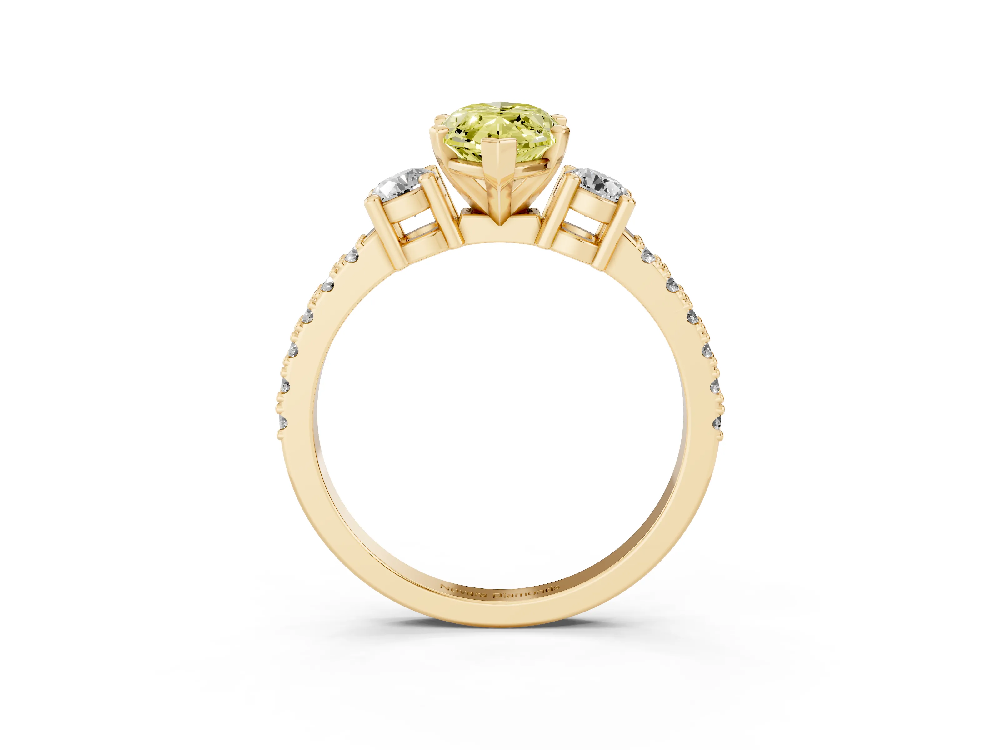 Fancy Yellow Three-Stone Marquise Cut Diamond Pavé Band Ring Set in Yellow gold with Prong Setting