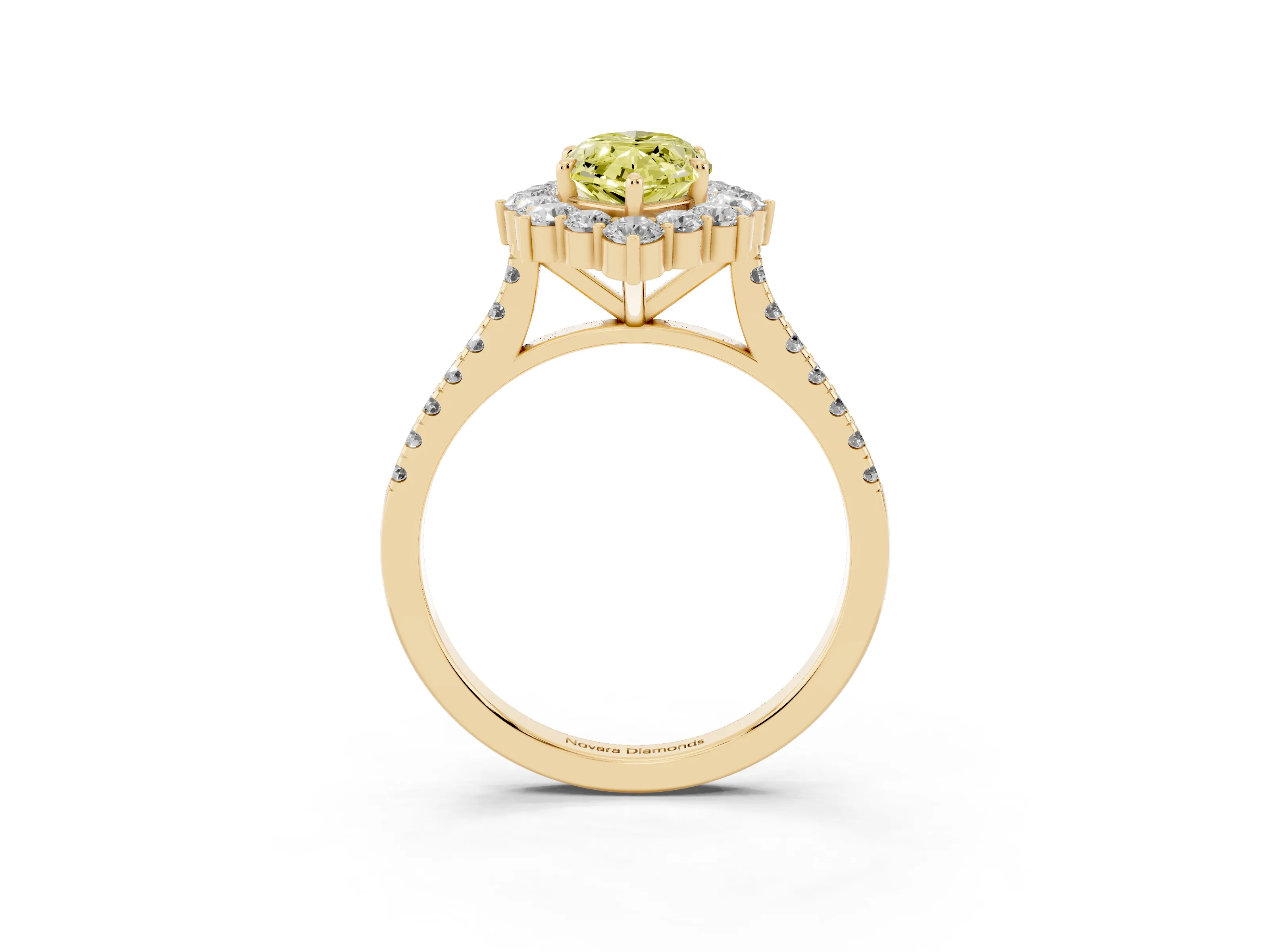 Fancy Yellow Marquise Cut Diamond Halo Ring Set in Yellow gold with Pavé Band and Prong Setting