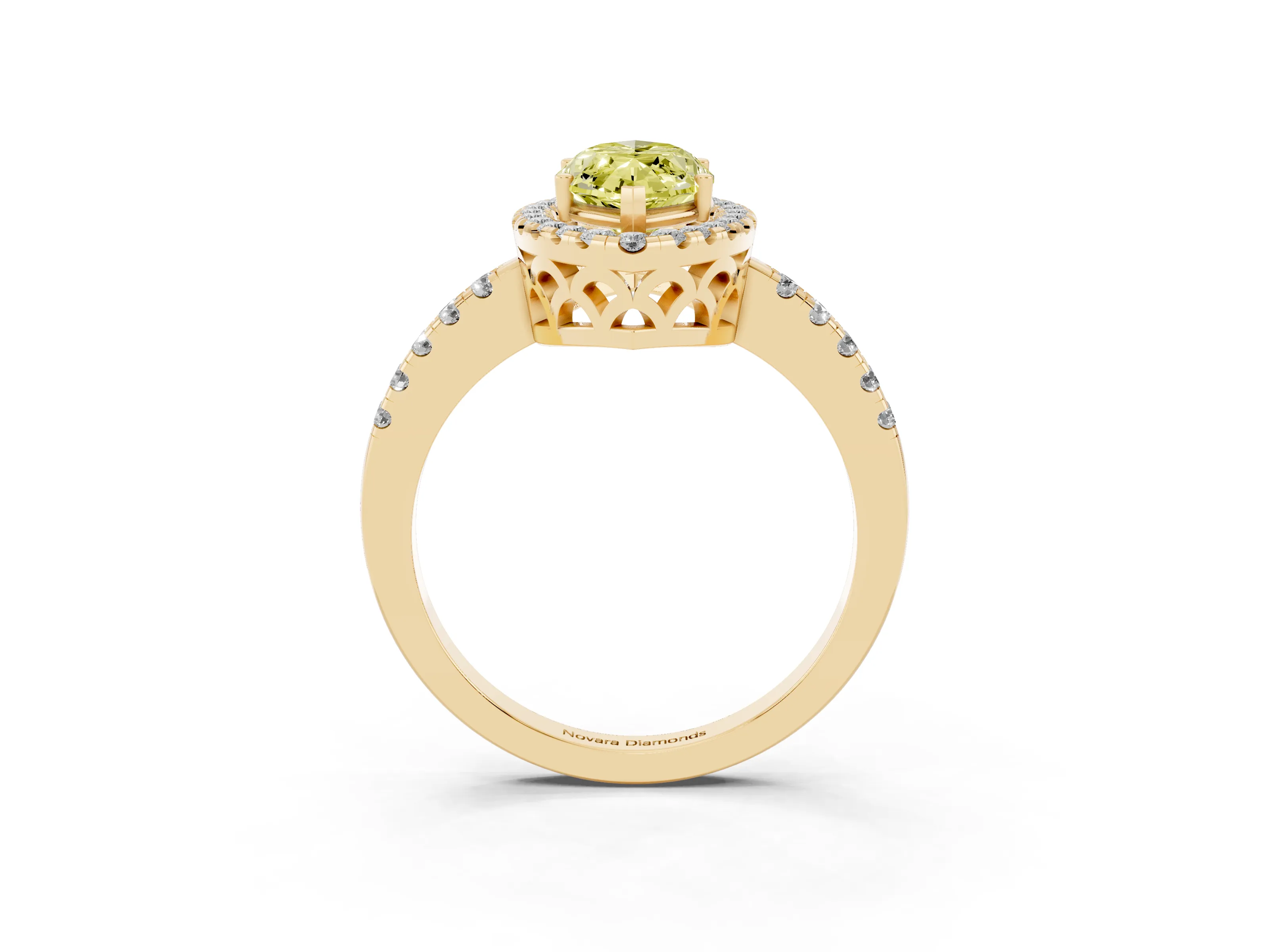 Fancy Yellow Marquise Cut Diamond Pavé Band Halo Engagement Ring Set in Yellow gold with Prong Setting