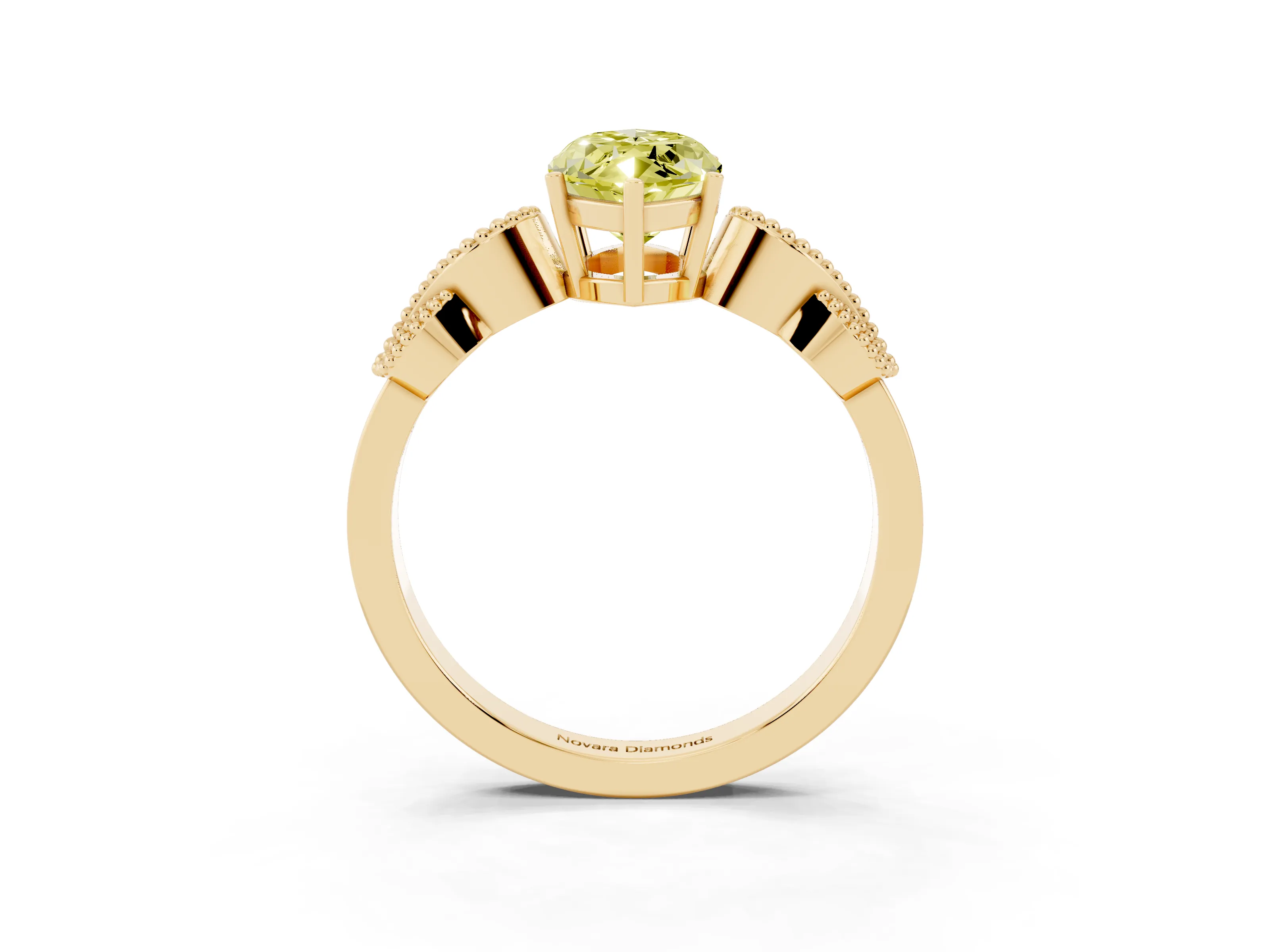 Fancy Yellow Marquise Cut Diamond Milgrain Leaf Band Solitaire Ring Set in Yellow gold with Accent Stones and Prong Setting