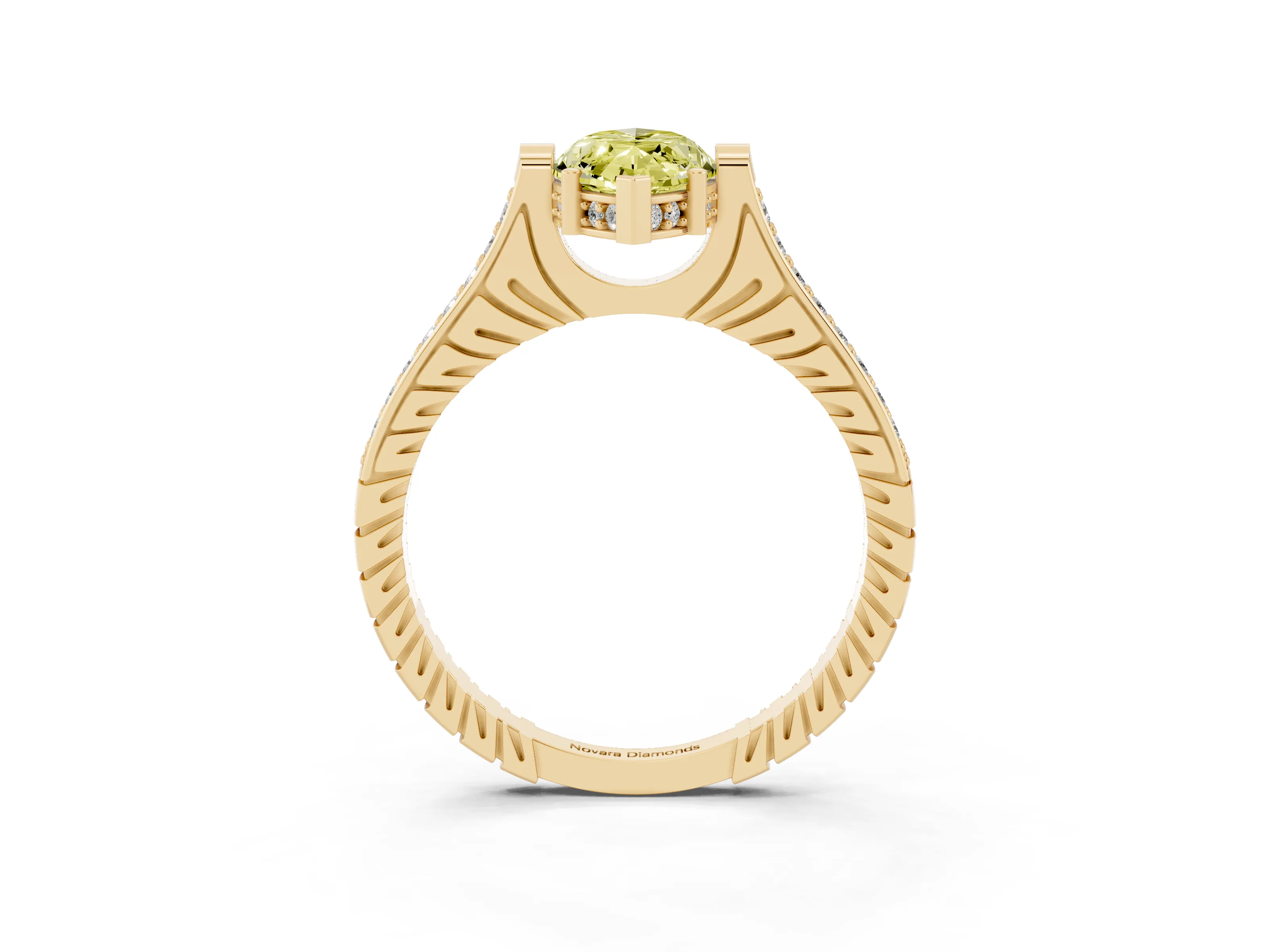 Fancy Yellow Marquise Cut Diamond Solitaire Ring Set in Yellow gold with Channel Set Band and Bezel Prong Setting