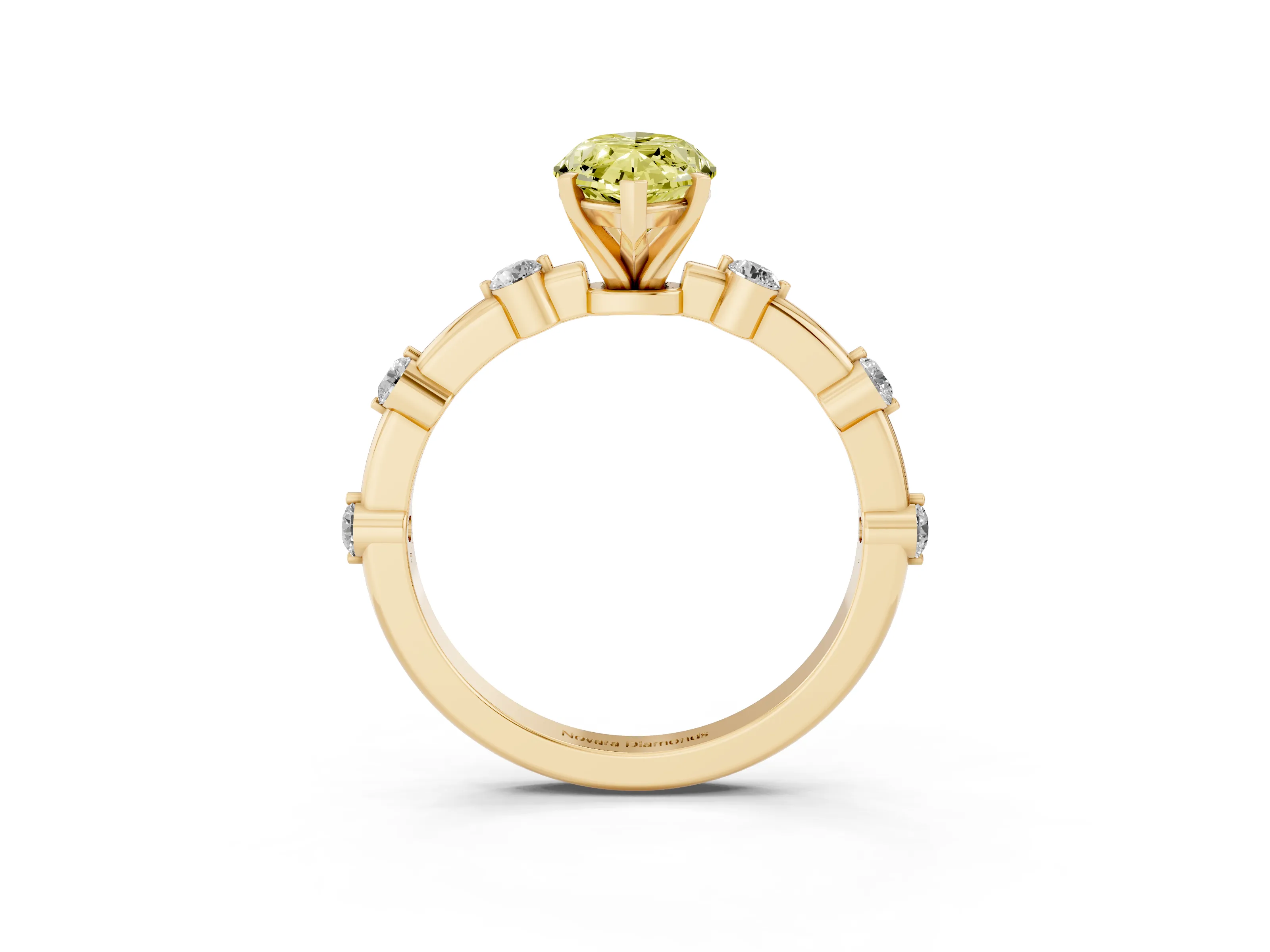 Fancy Yellow Marquise Cut Diamond Solitaire Ring Set in Yellow gold with Bezel Set Side Stones and Prong Setting
