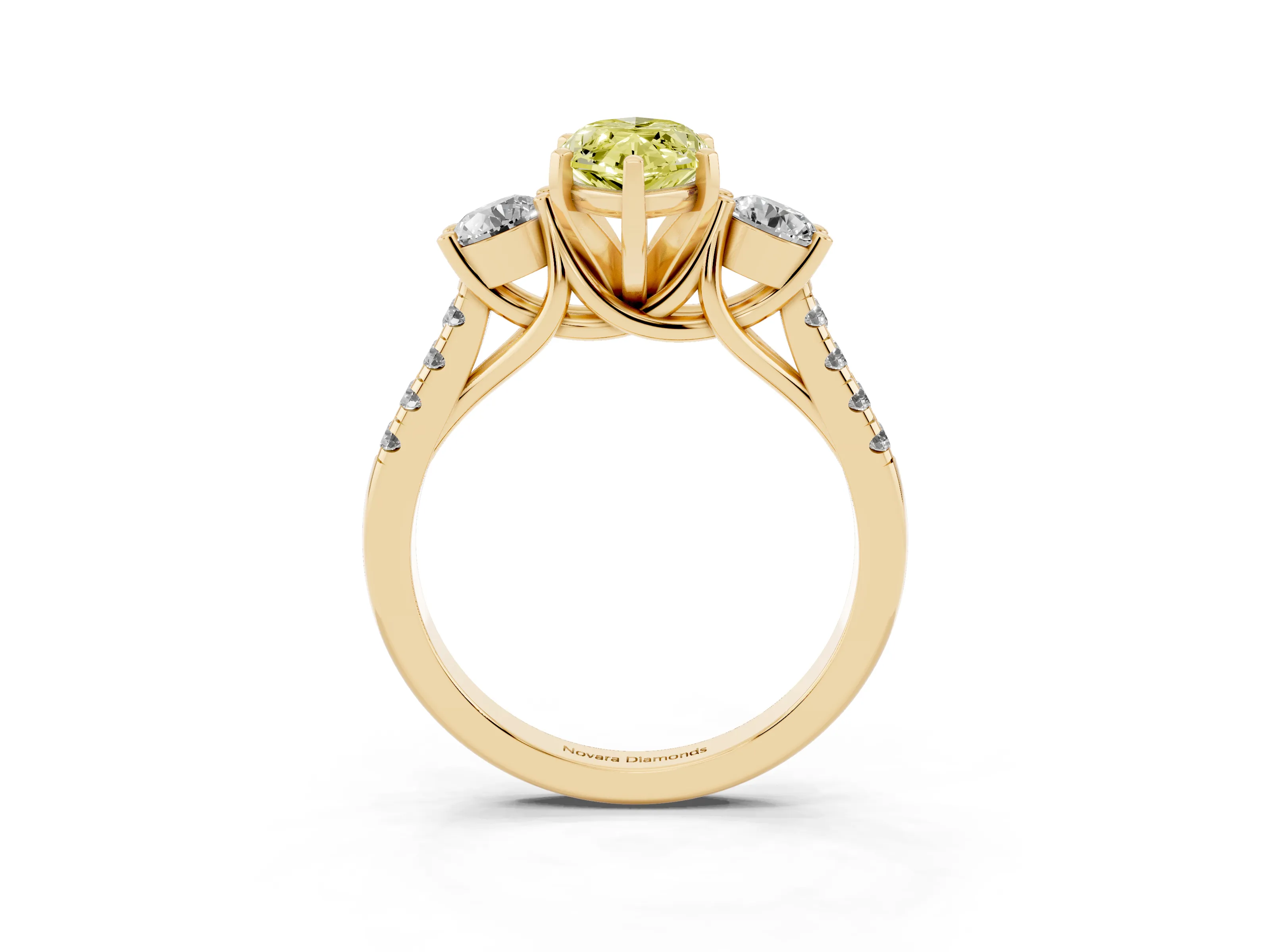Fancy Yellow Three-Stone Marquise Cut Diamond Pavé Band Ring Set in Yellow gold with Prong-Set Trio