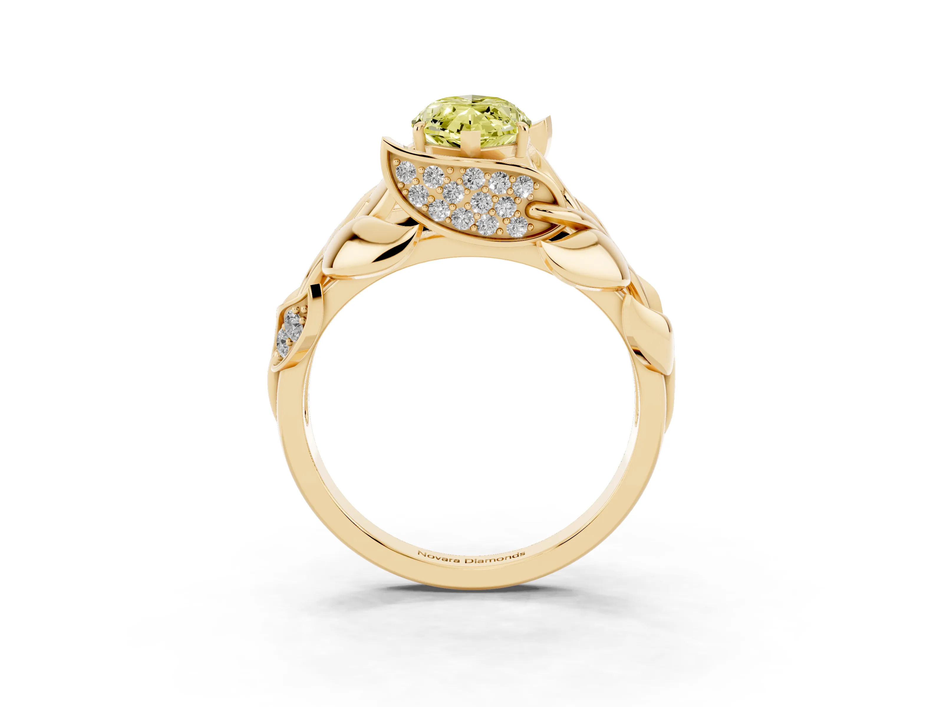 Fancy Yellow Marquise Cut Diamond Leaf-Inspired Engagement Ring Set in Yellow gold with Round Accents