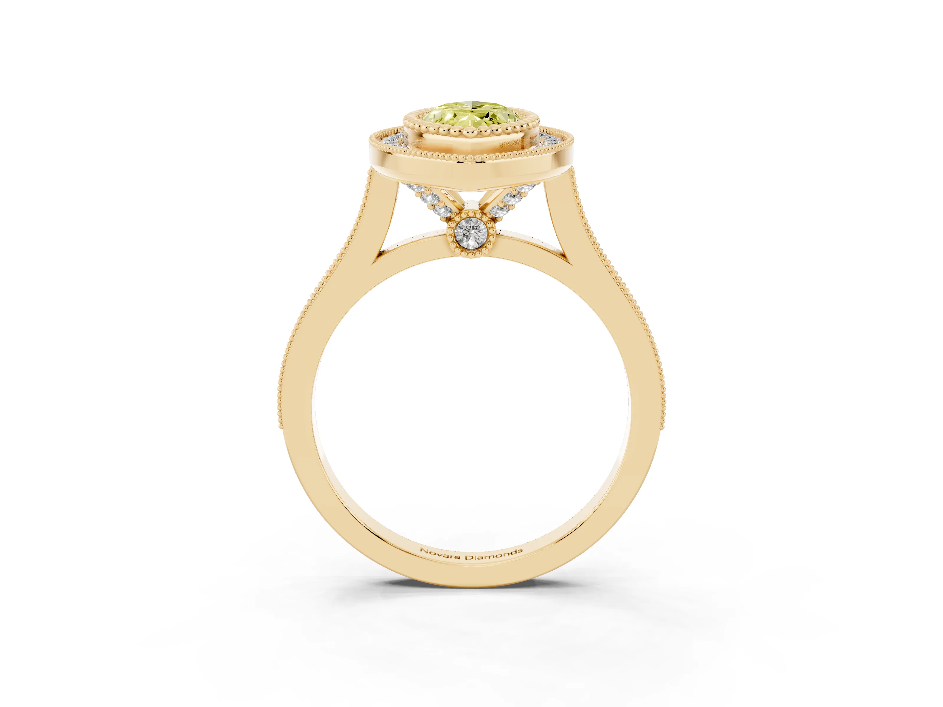Fancy Yellow Marquise Cut Diamond Halo Ring Set in Yellow gold with Milgrain Frame and Pavé Band