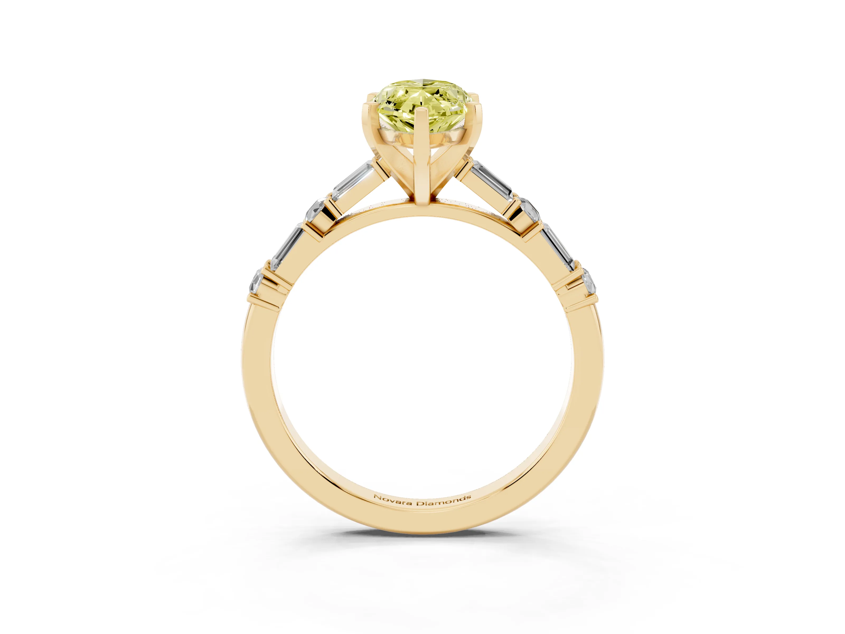 Fancy Yellow Marquise Cut Diamond Solitaire Set in Yellow gold with Side Baguettes and Channel Set Band