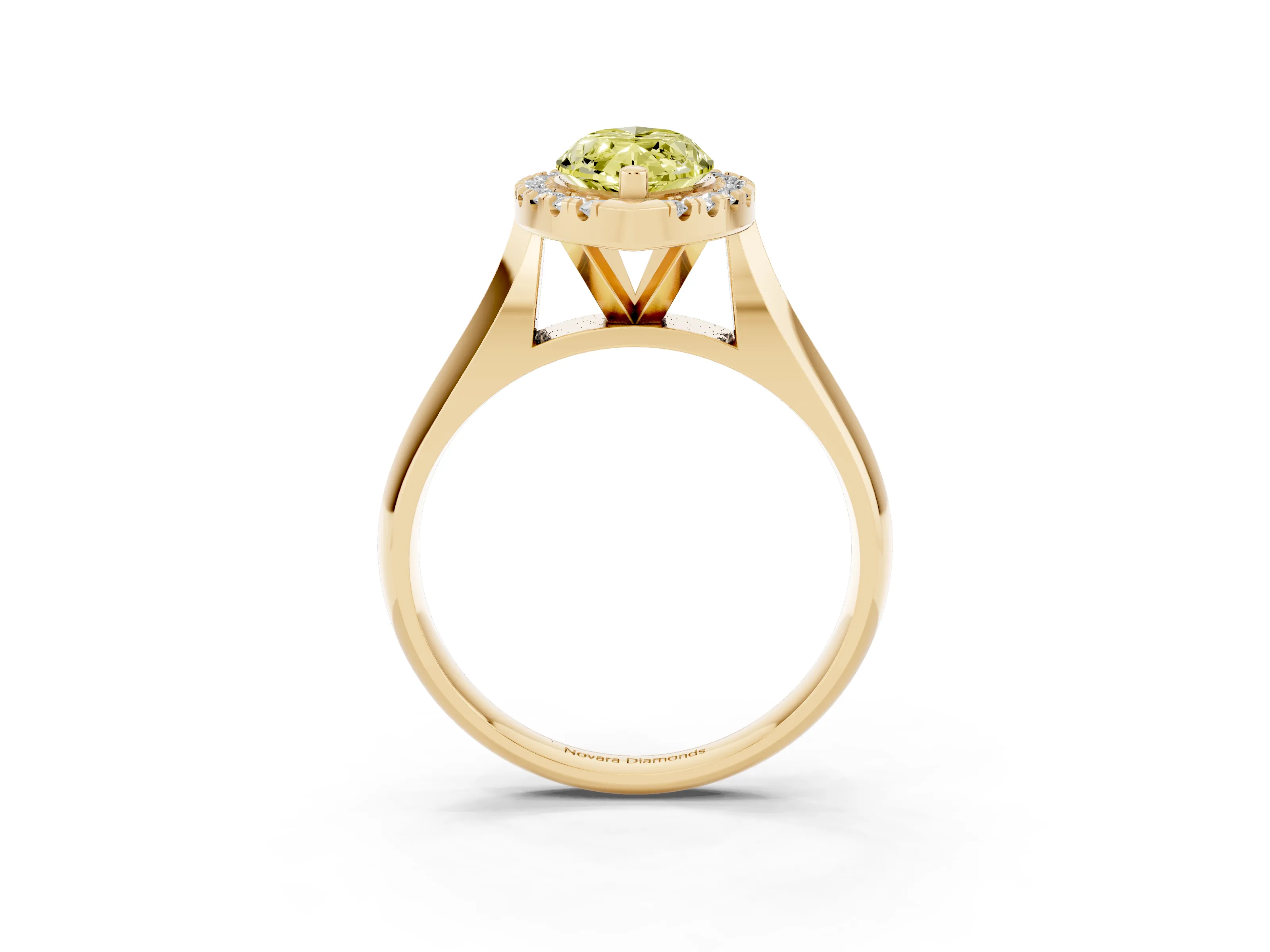 Fancy Yellow Marquise Cut Diamond Halo Solitaire Engagement Ring Set in Yellow gold with Square Band and Prong Setting