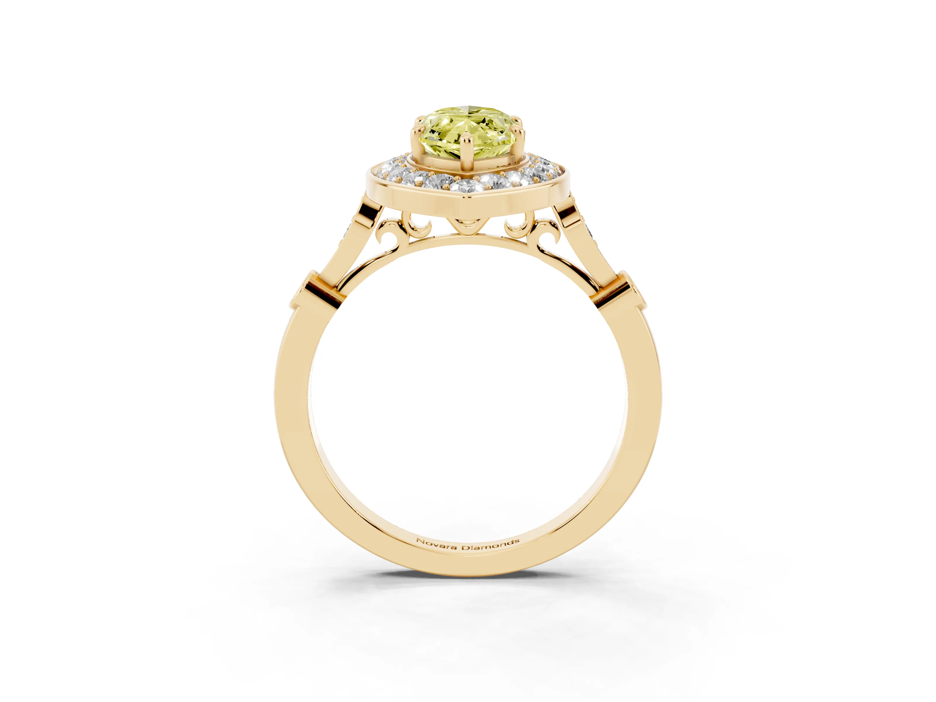 Fancy Yellow Marquise Cut Diamond Halo Engagement Ring Set in Yellow gold with Twisted Band and Prong Setting