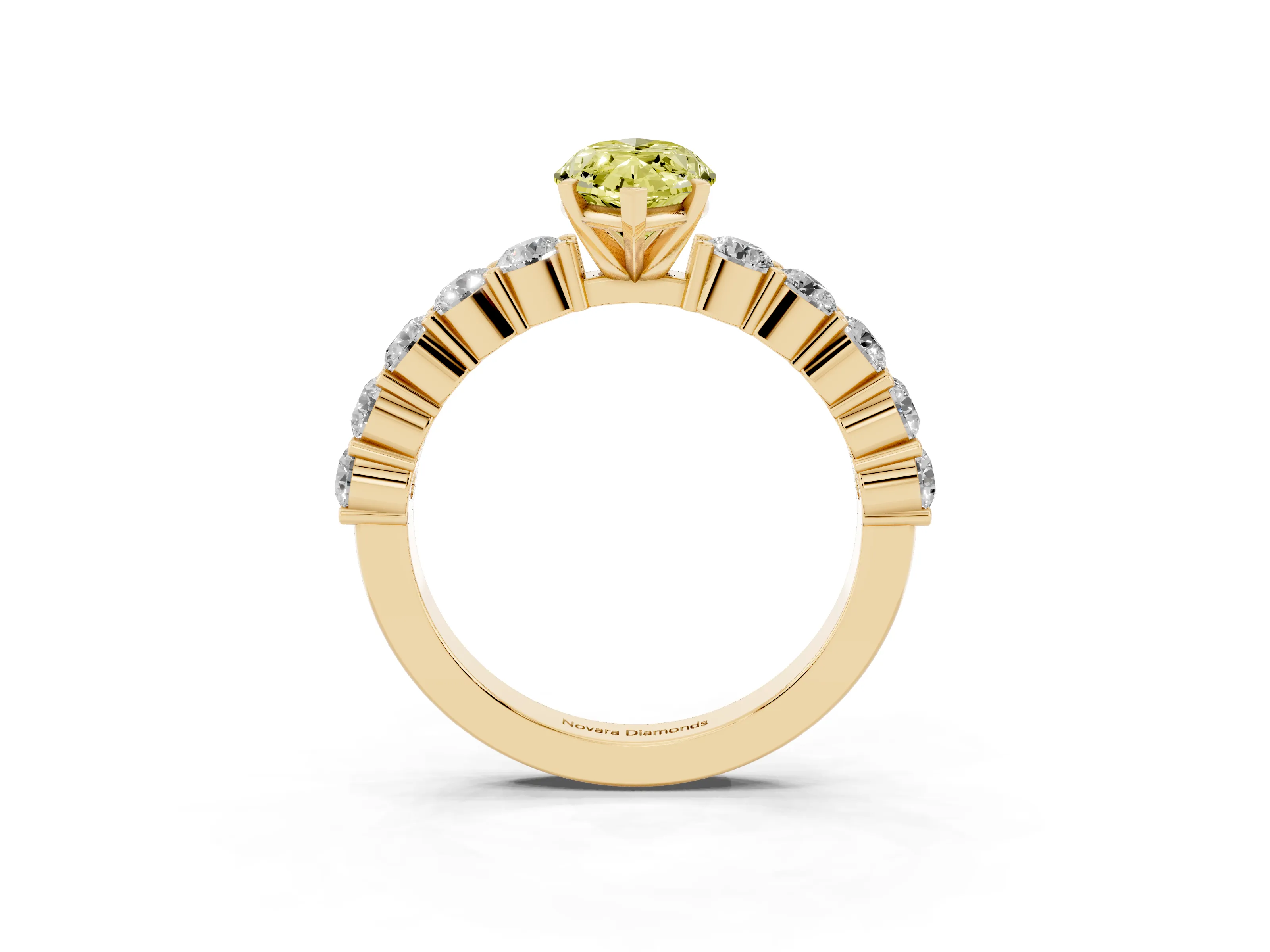 Fancy Yellow Marquise Cut Diamond Solitaire Ring Set in Yellow gold with Shared Prong Round Side Stones