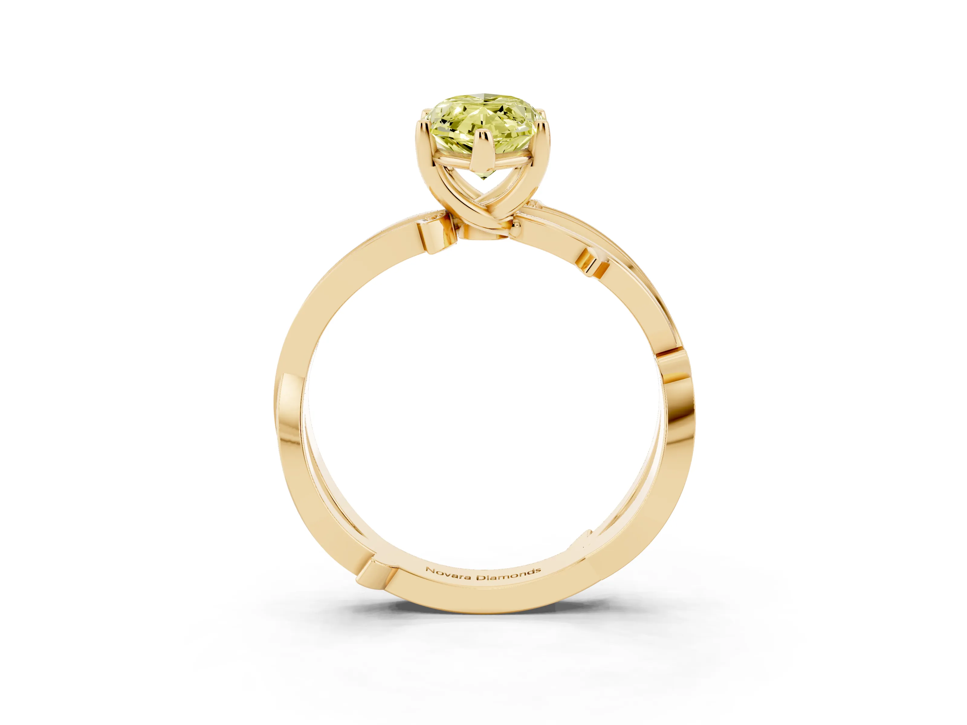 Fancy Yellow Marquise Cut Diamond Pavé Twist Band Solitaire Ring Set in Yellow gold with Prong Setting