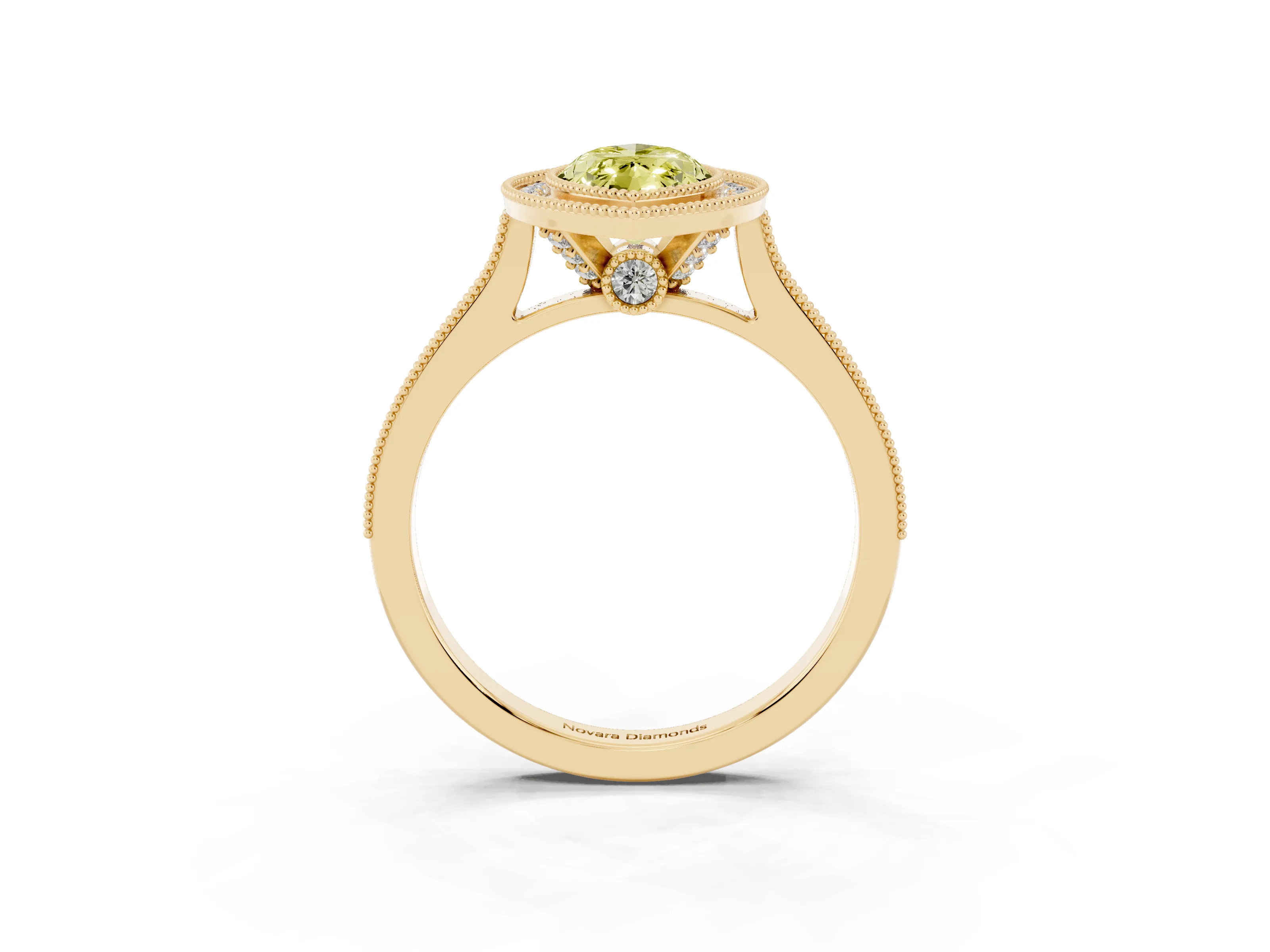 Fancy Yellow Marquise Cut Diamond Halo Milgrain Pavé Band Ring Set in Yellow gold with Prong Setting