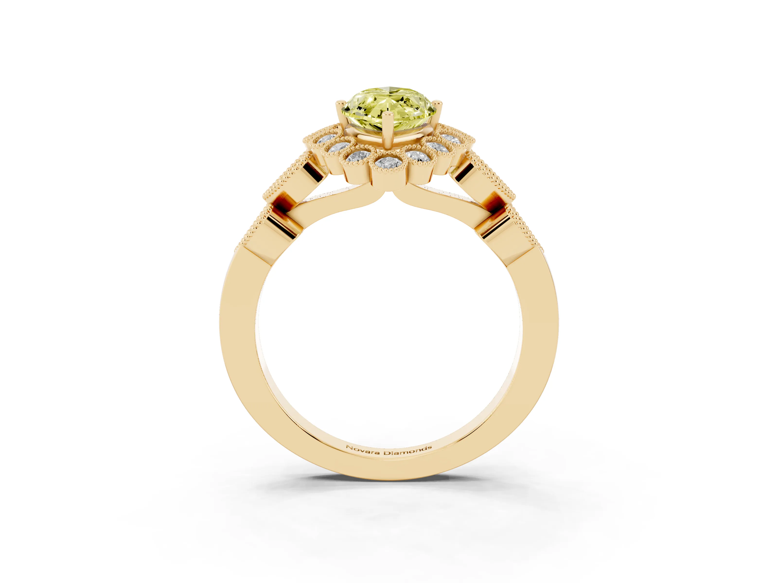 Fancy Yellow Marquise Cut Diamond Solitaire Ring Set in Yellow gold with Milgrain Pavé Heart Band