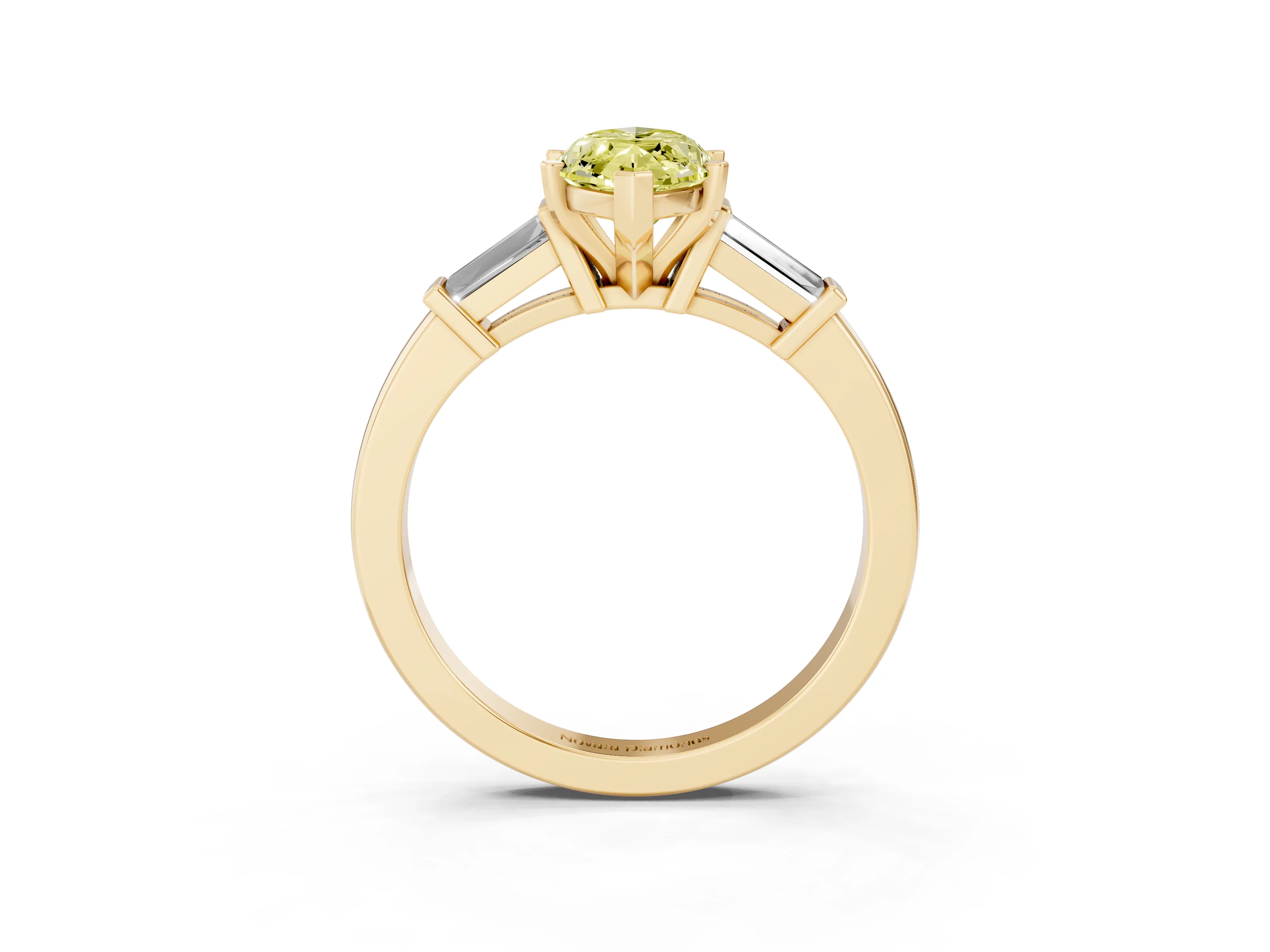 Fancy Yellow Marquise Cut Diamond Solitaire Ring Set in Yellow gold with Tapered Baguette Accents and Prong Setting