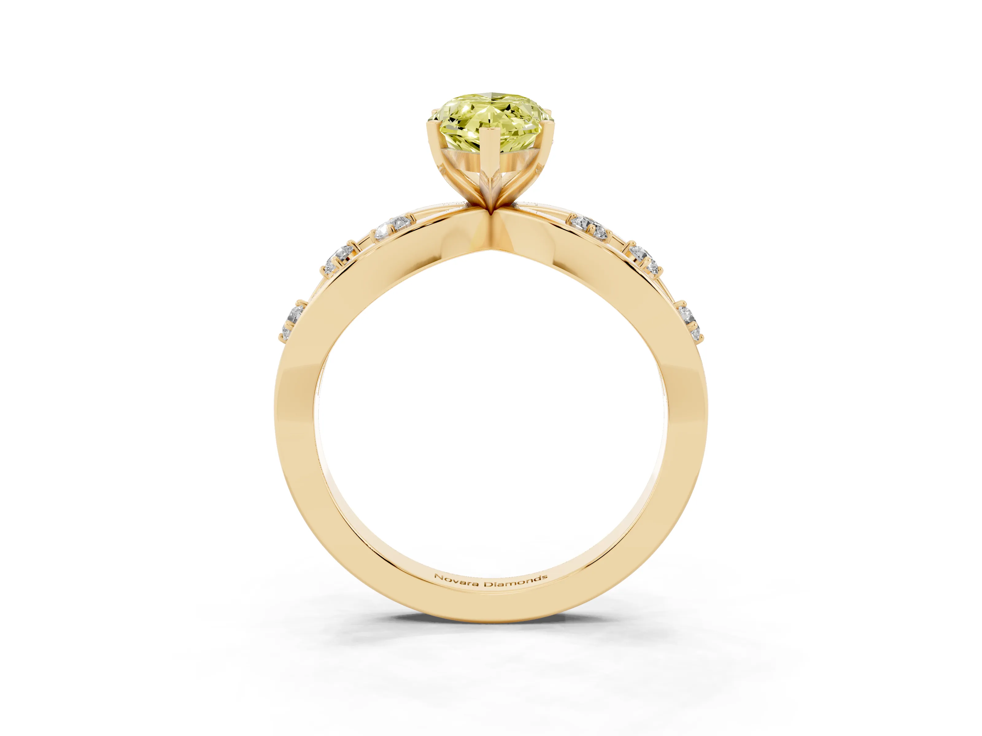 Fancy Yellow Marquise Cut Diamond Solitaire Ring Set in Yellow gold with Side Stones on Criss-Cross Band and Prong Setting