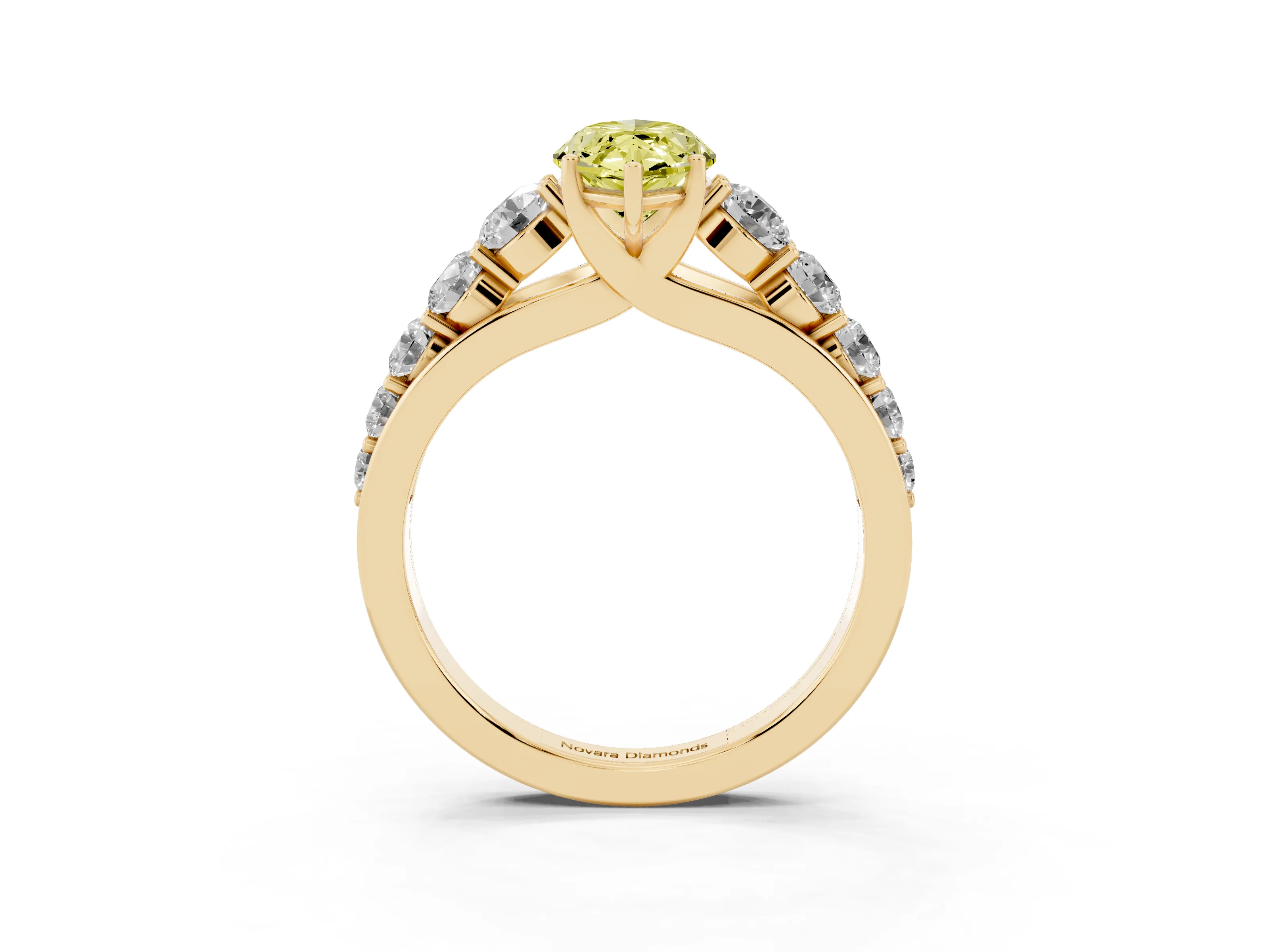Fancy Yellow Marquise Cut Diamond Solitaire Ring Set in Yellow gold with Pavé-Set Band and Prong Setting