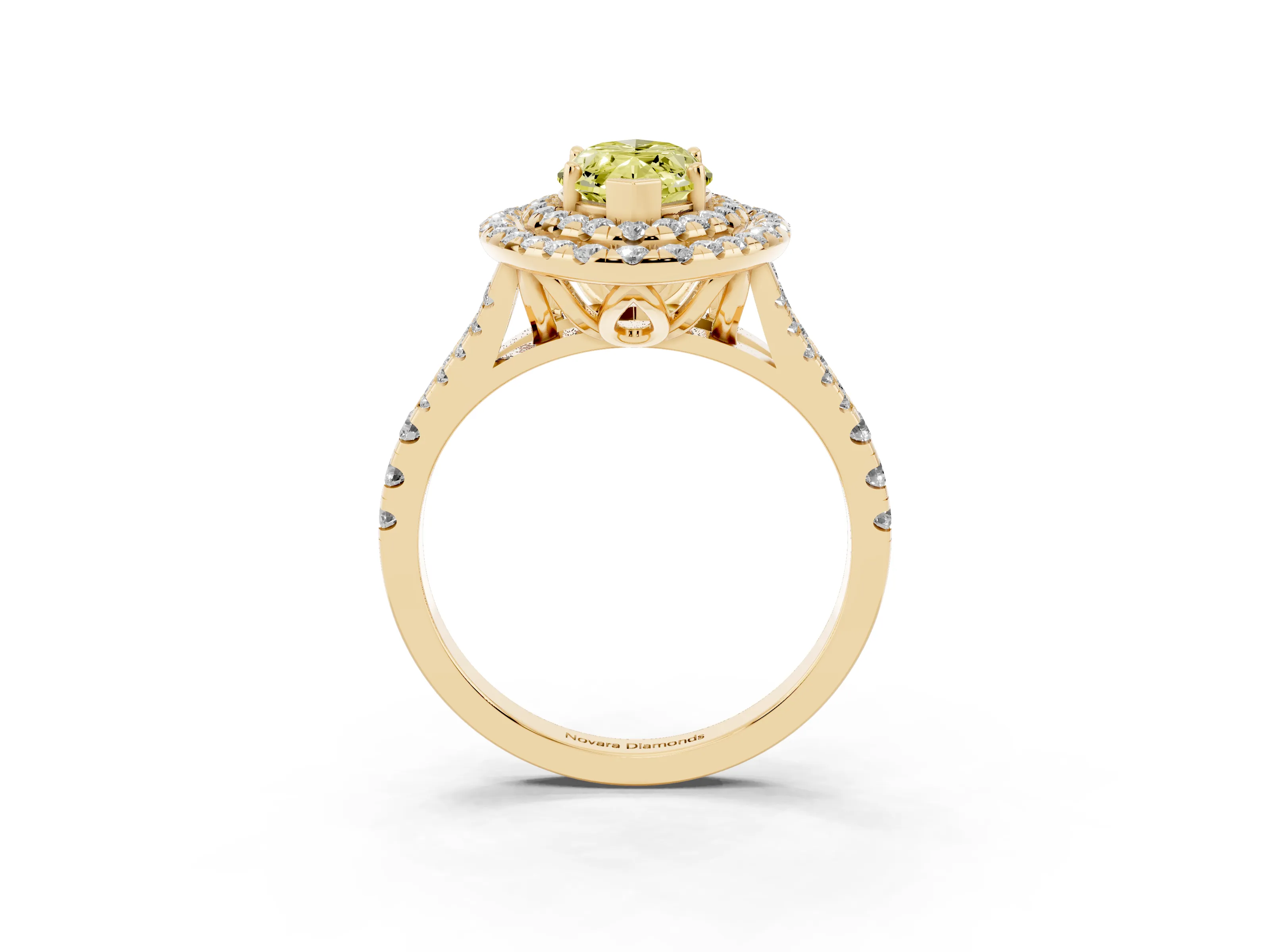 Fancy Yellow Marquise Cut Diamond Double Halo Ring Set in Yellow gold with Pavé Split Shank and Prong Setting