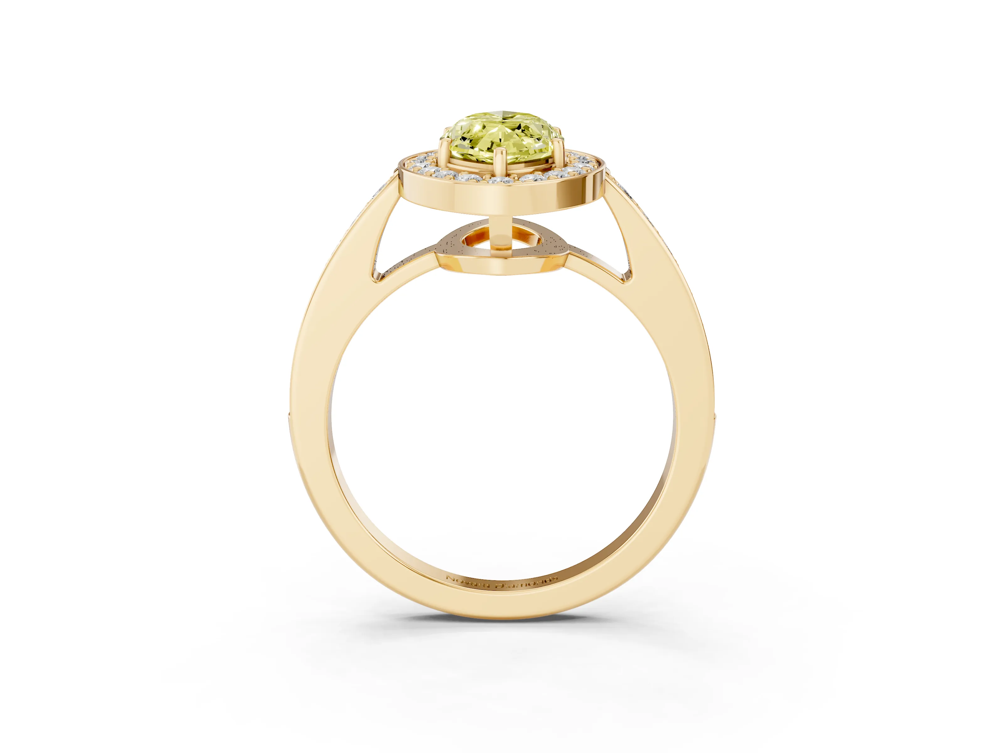 Fancy Yellow Marquise Cut Diamond Halo Pavé Engagement Ring Set in Yellow gold with Bezel Setting