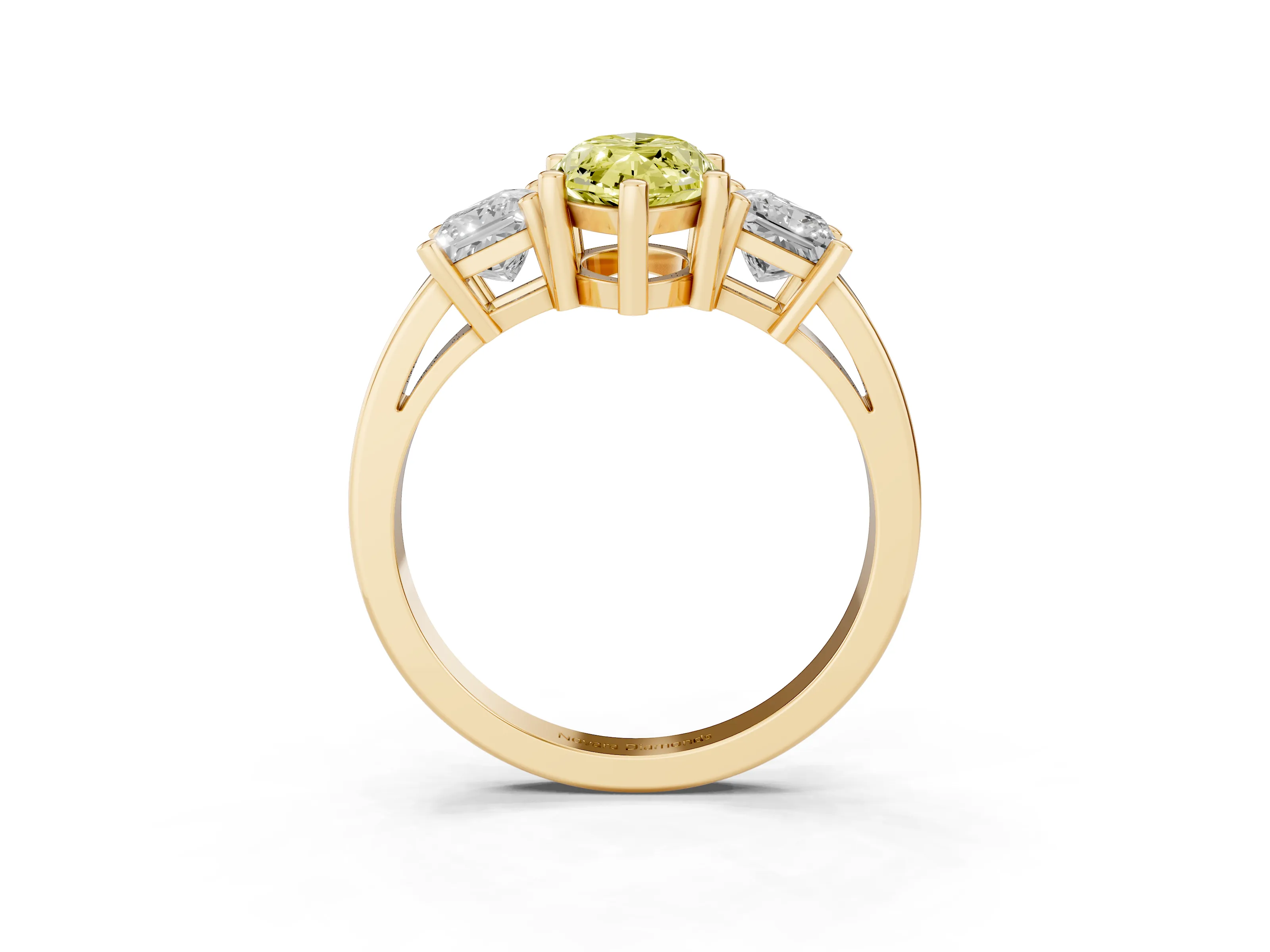 Fancy Yellow Three-Stone Marquise Cut Diamond Solitaire Ring Set in Yellow gold with Prong Setting