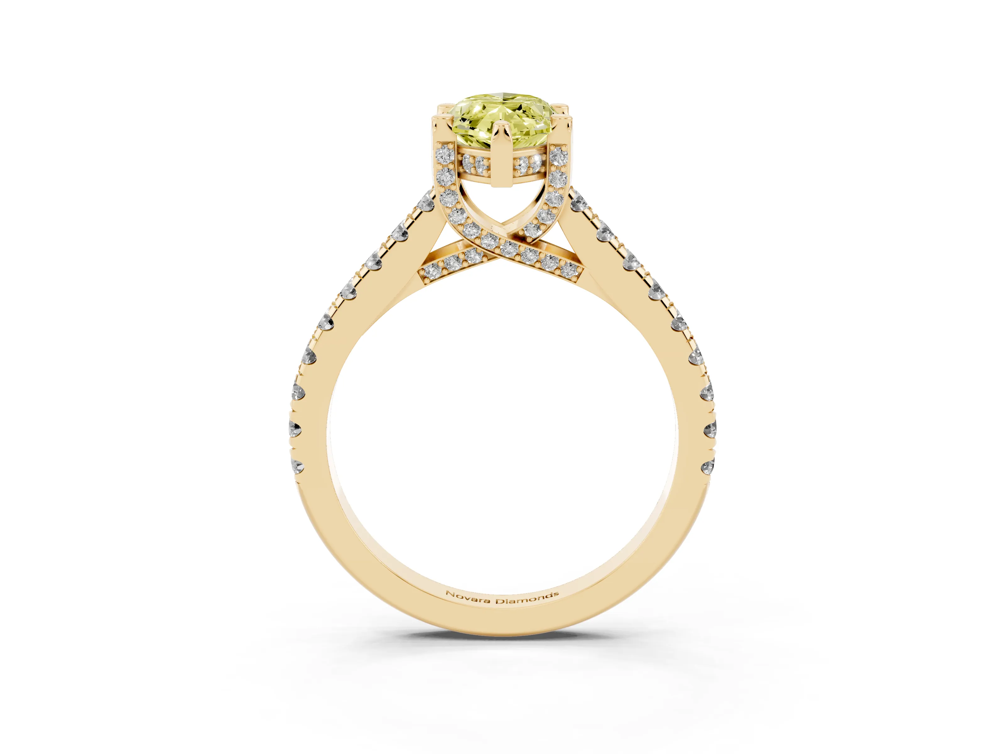 Fancy Yellow Marquise Cut Diamond Solitaire Ring Set in Yellow gold with Brilliant Pavé Band and Prong Setting