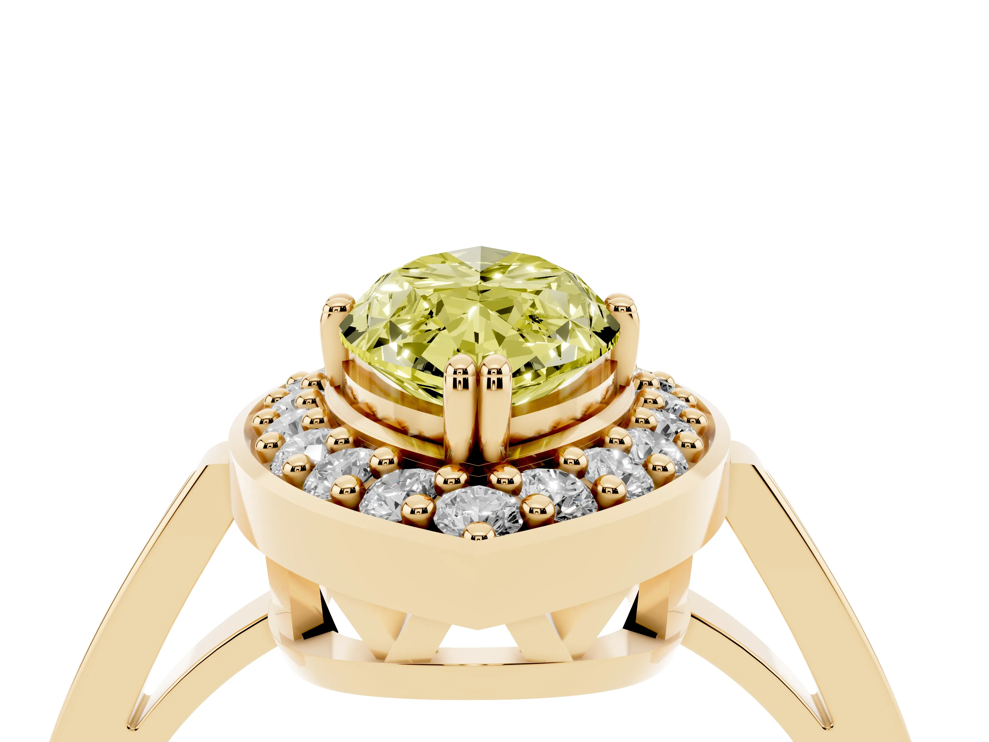 Fancy Yellow Marquise Cut Diamond Halo Ring Set in Yellow gold with Accent-Lined Split Shank and Prong Setting