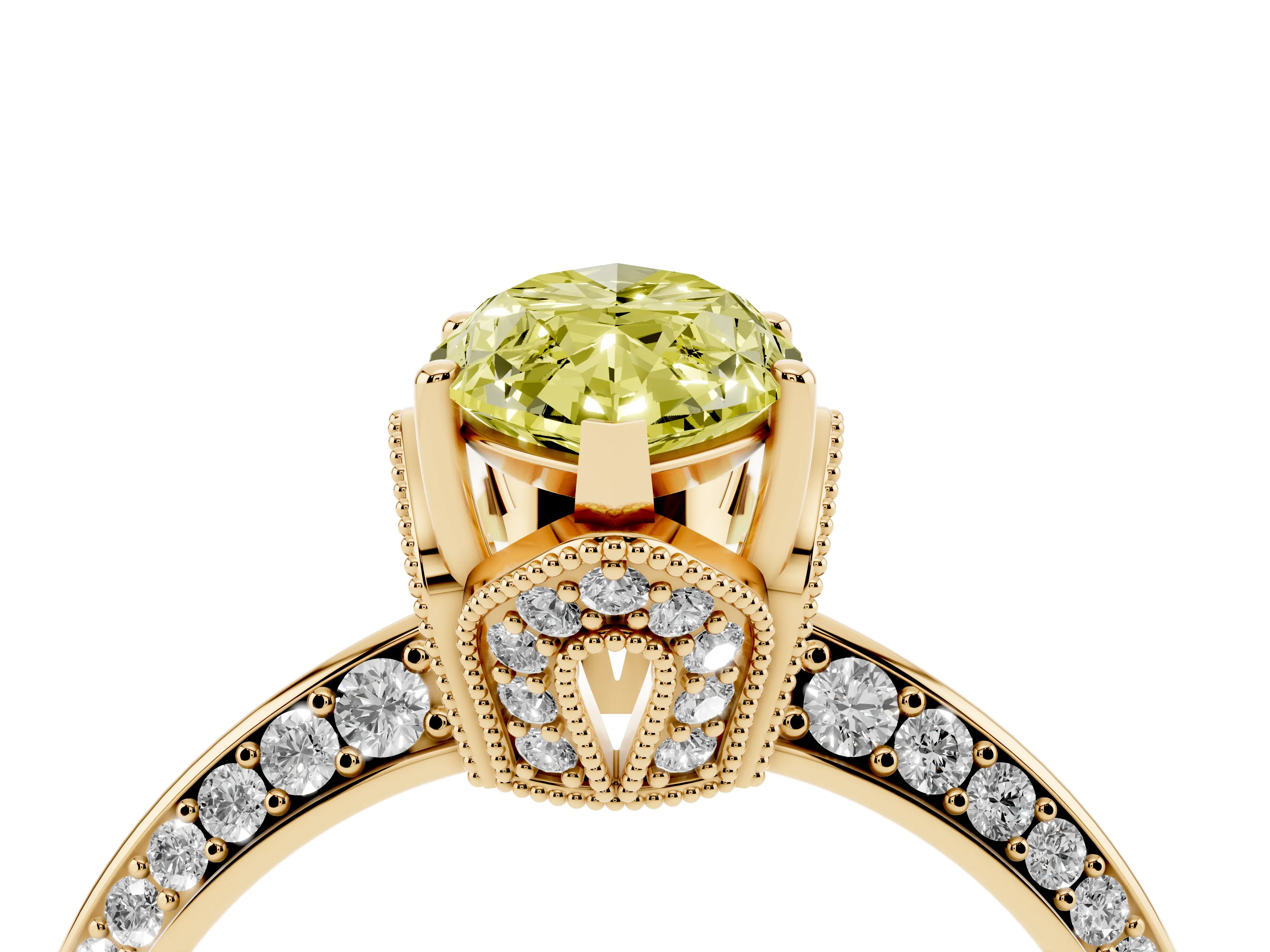 Fancy Yellow Marquise Cut Diamond Solitaire Engagement Ring Set in Yellow gold with Pavé Split Shank and Prong Setting