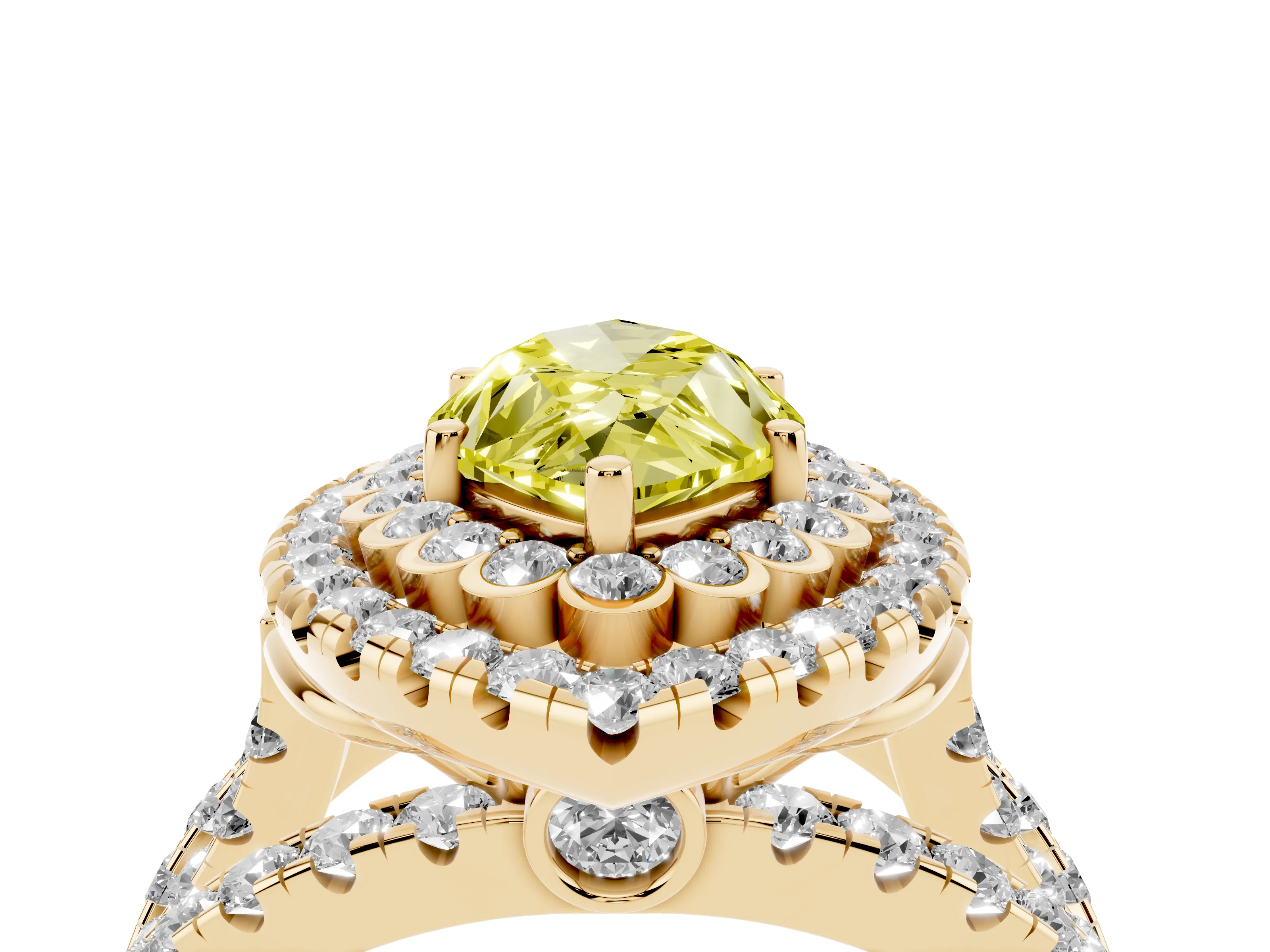 Fancy Yellow Marquise Cut Diamond Double Halo Ring Set in Yellow gold with Round Pavé Split Shank