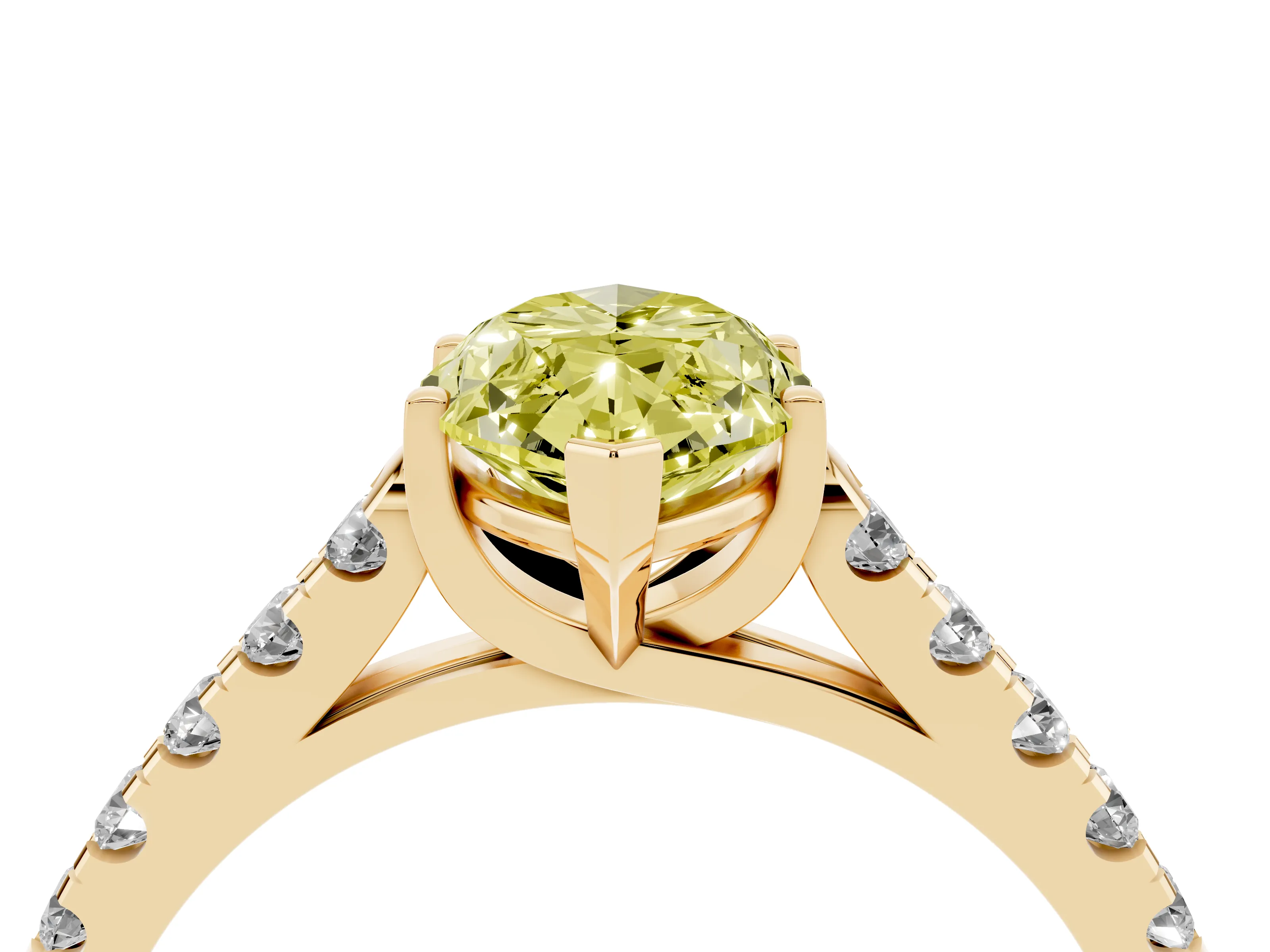 Fancy Yellow Marquise Cut Diamond Pavé Band Solitaire Ring Set in Yellow gold with Partway Accent Stones and Prong Setting