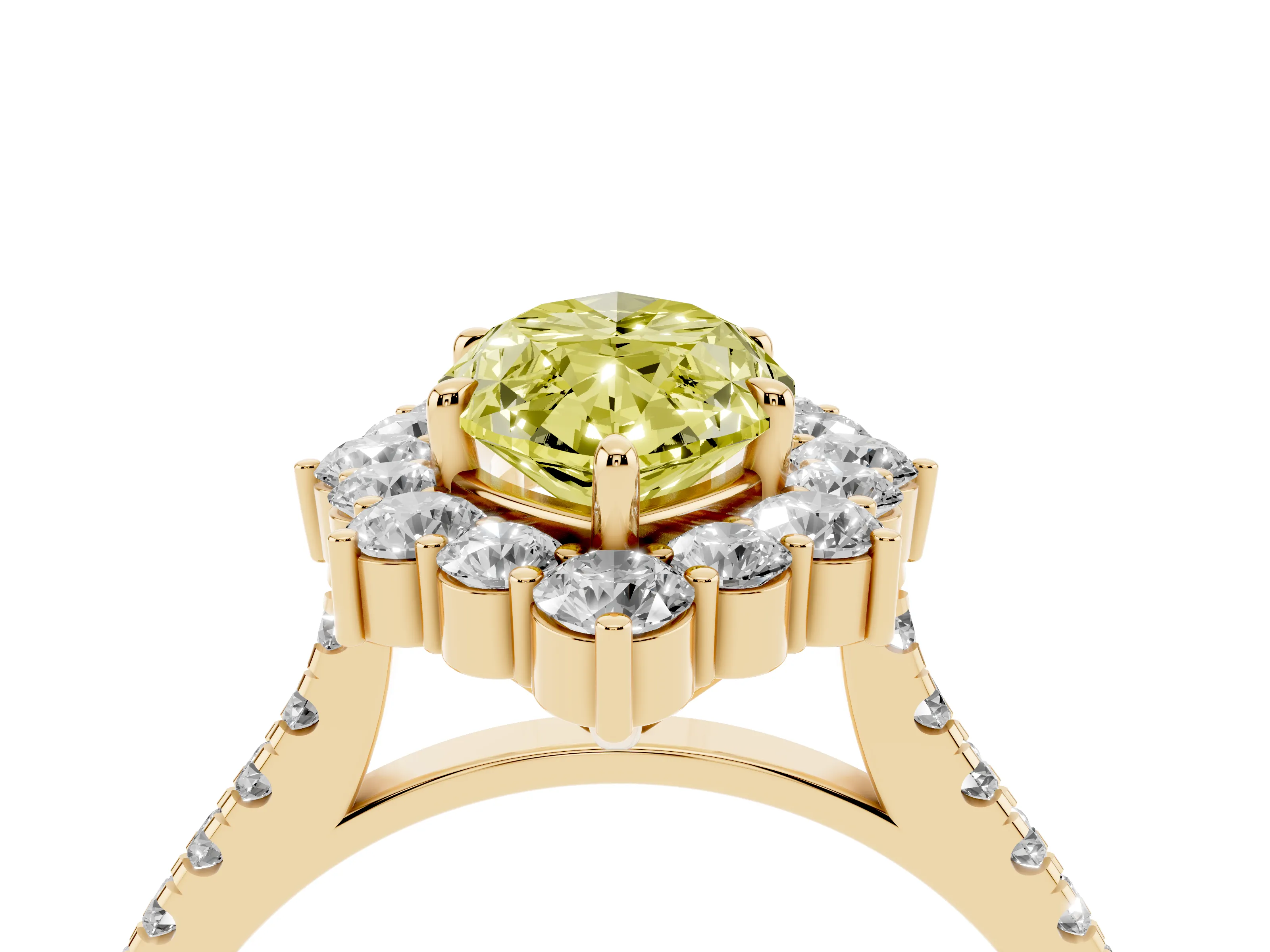 Fancy Yellow Marquise Cut Diamond Halo Ring Set in Yellow gold with Pavé Band and Prong Setting