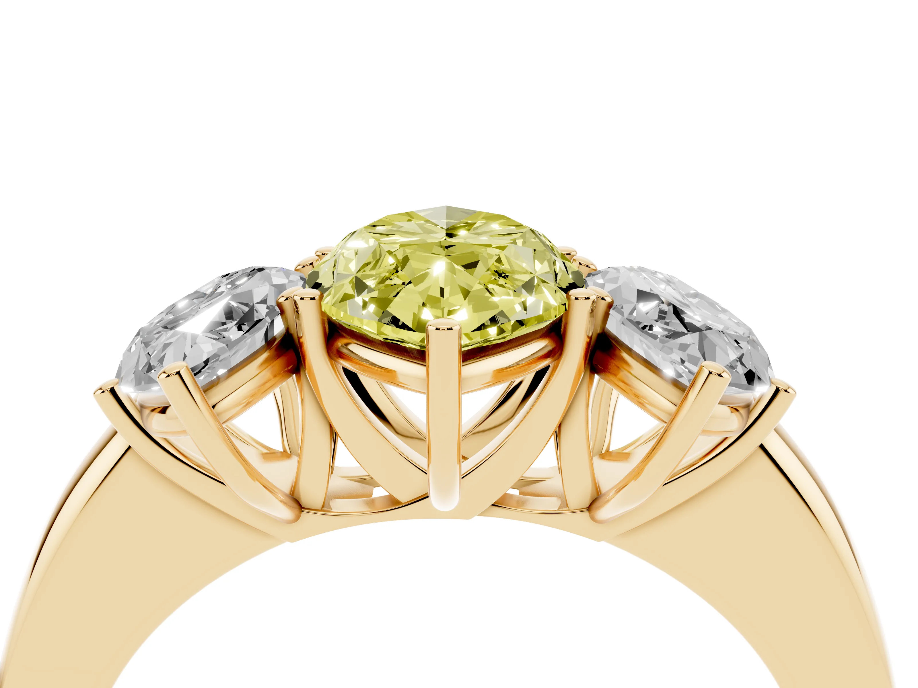 Fancy Yellow Marquise Cut Diamond Three-Stone Ring Set in Yellow gold with Bold Center and Classic Band