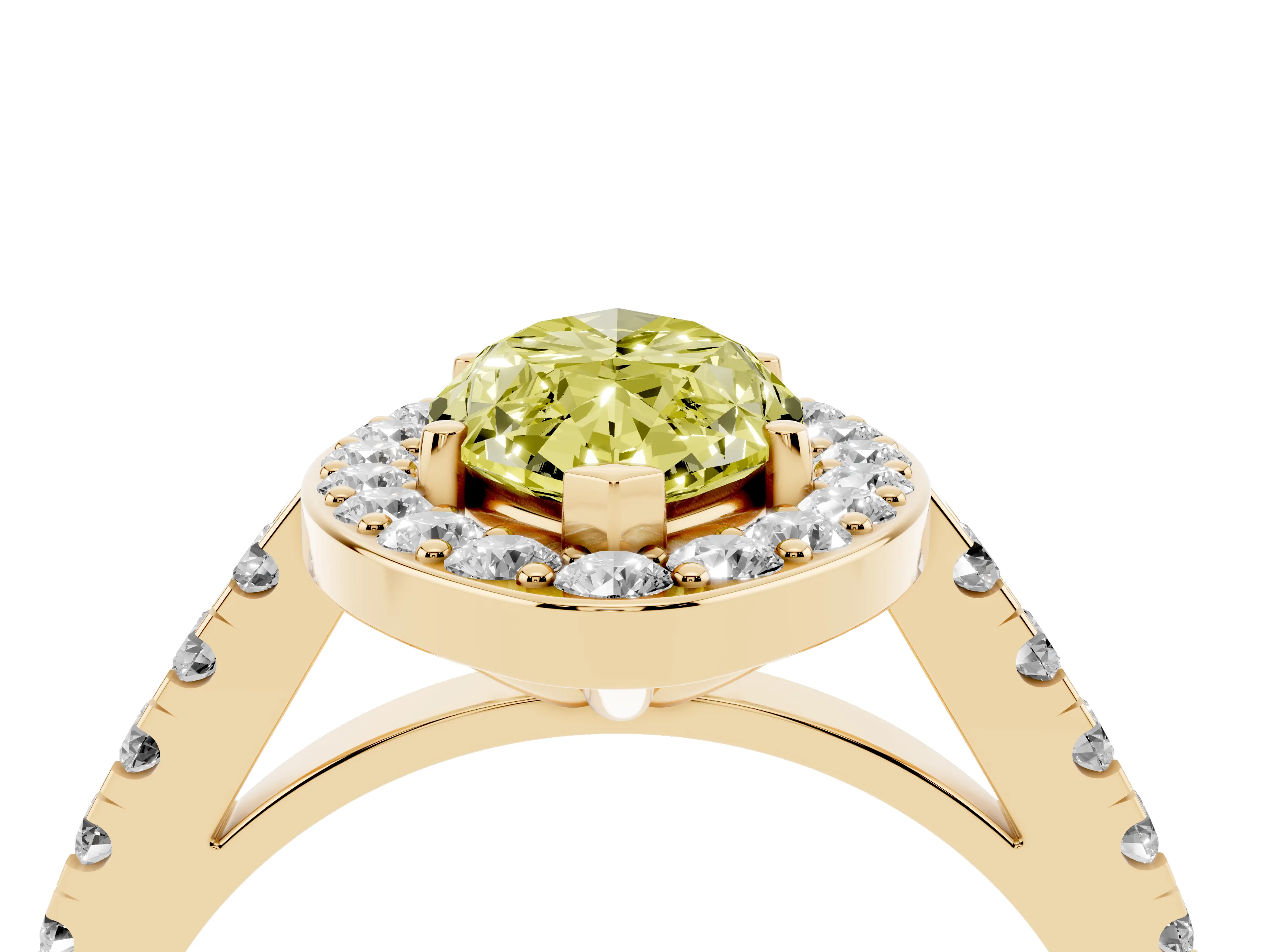 Fancy Yellow Marquise Cut Diamond Halo Ring Set in Yellow gold with Round Pavé Split Shank and Prong Setting